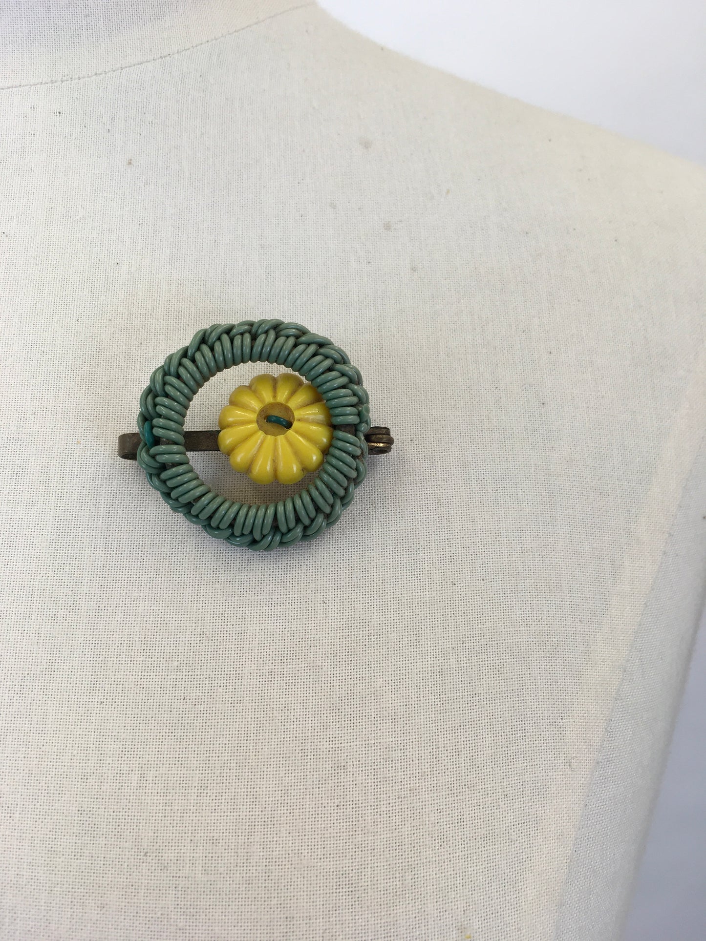 Original 1940s Telephone Cord Brooch - In Soft Green with a Sunshine Yellow Button Detailing