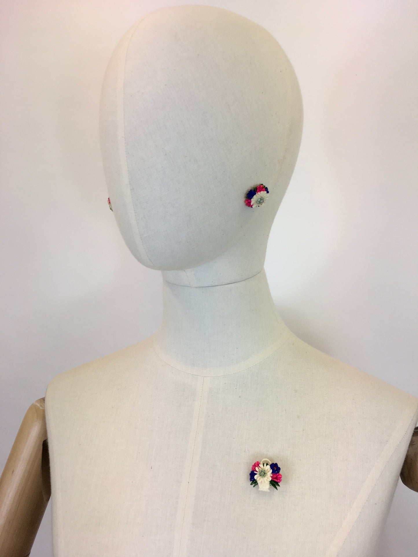 Original 1940s Earrings and Brooch Celluloid Set - With Beautifully Intricate Edelweiss Baskets and Sprawling Florals