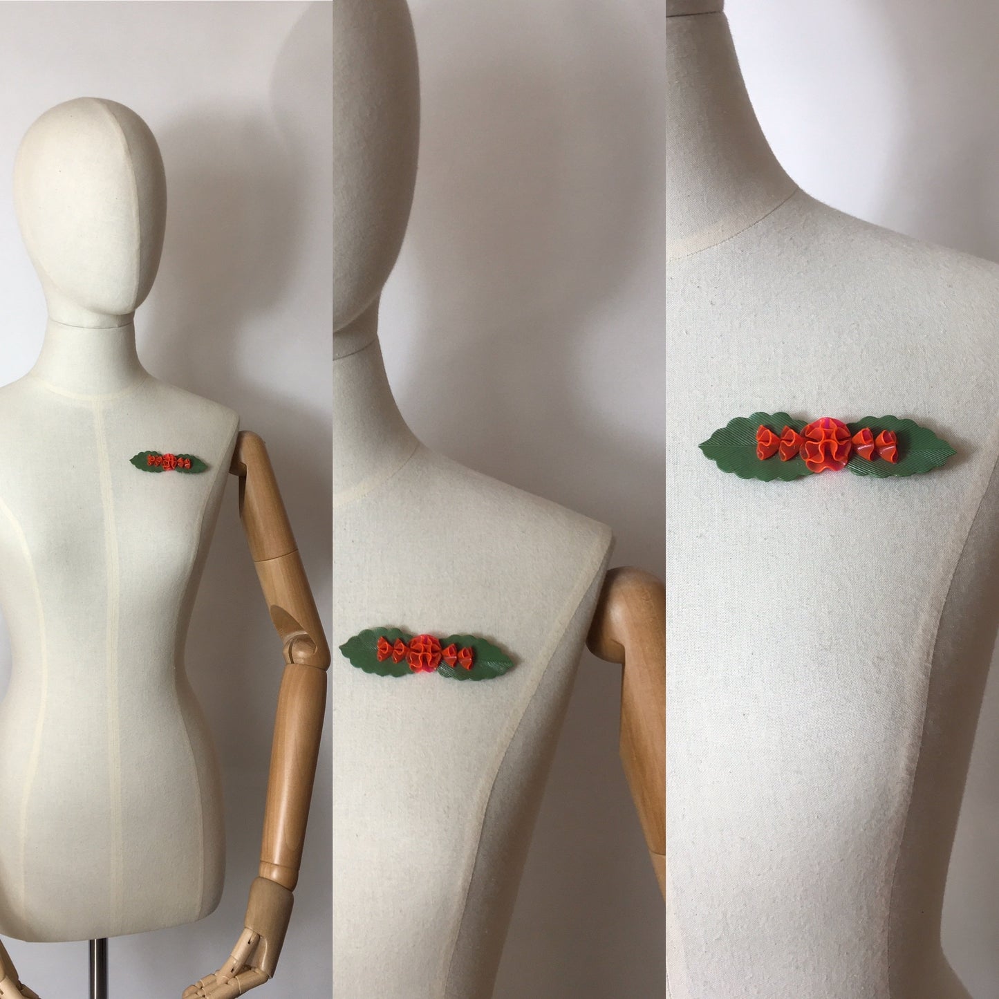 Original 1940’s Wartime Plastic Brooch - Green leaf with shaped red flowers