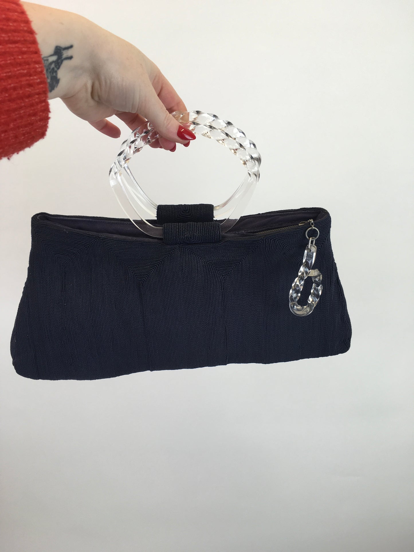 Original 1940’s STUNNING Navy ‘ Corde’ Handbag - With Twisted Lucite Double Handle and Chunky Pull