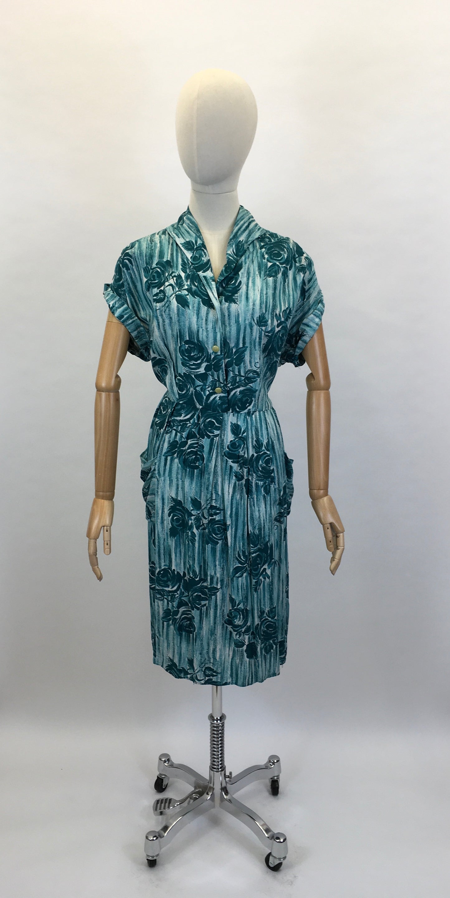 Original 1950’s VOLUP Cotton Day Dress - In A Lovely Rich Teal Colour Floral