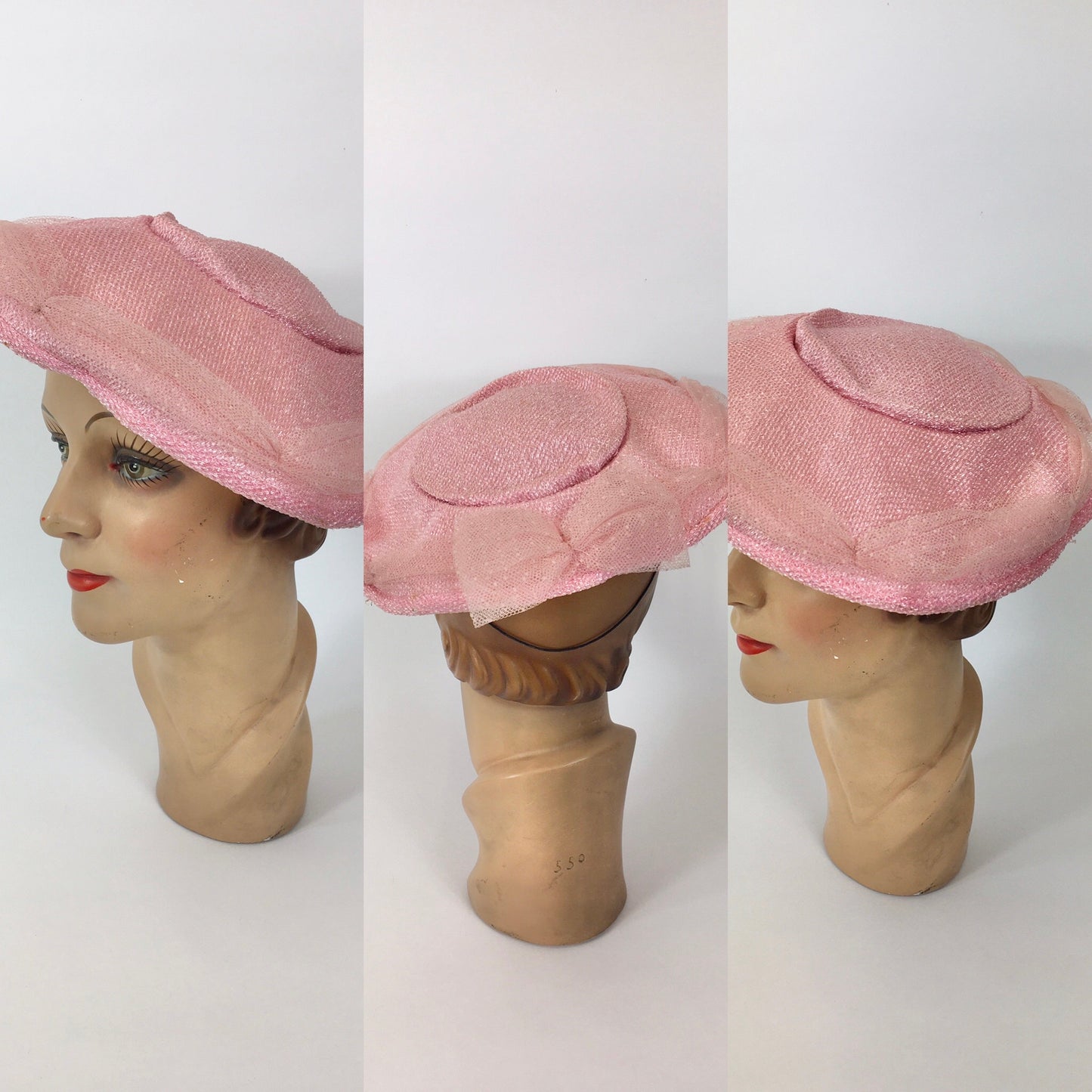 Original 1950’s Darling Powder Pink Platter Hat - With Attached Polka Dot Veiling and Bow