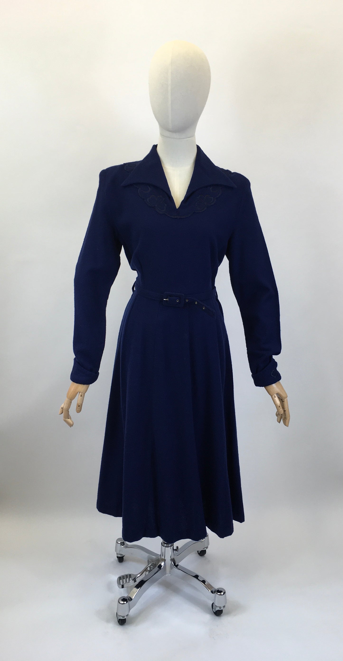 Original 1940's Sensational CC41 Utility Wool Dress - In A Royal Blue with Floral Embellishment