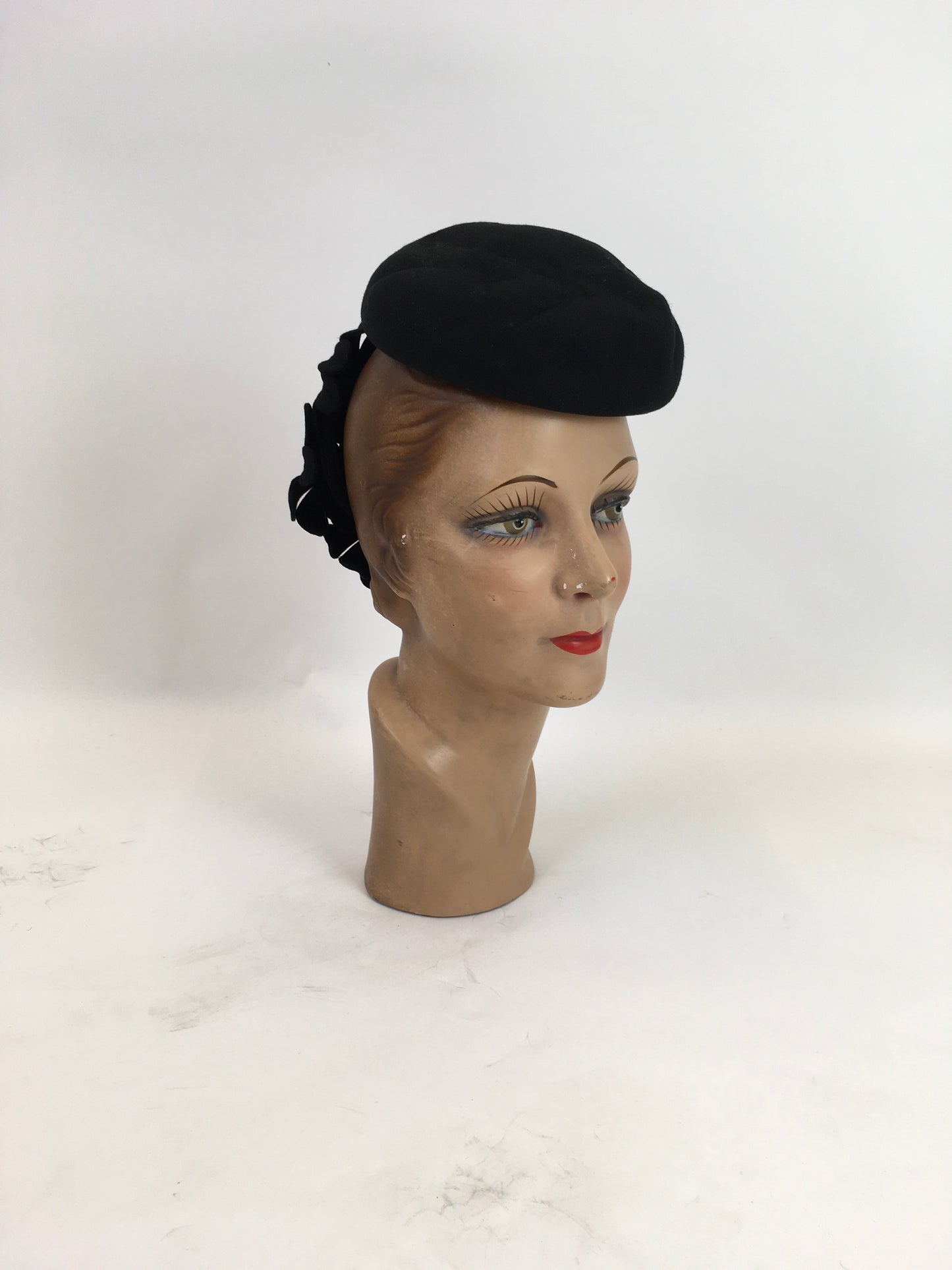 Original 1940's Darling Black Tilt Topper Hat - With Floral Adorned Back Plate