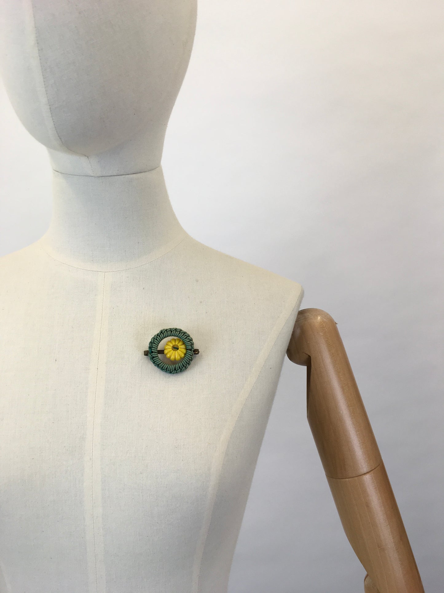 Original 1940s Telephone Cord Brooch - In Soft Green with a Sunshine Yellow Button Detailing
