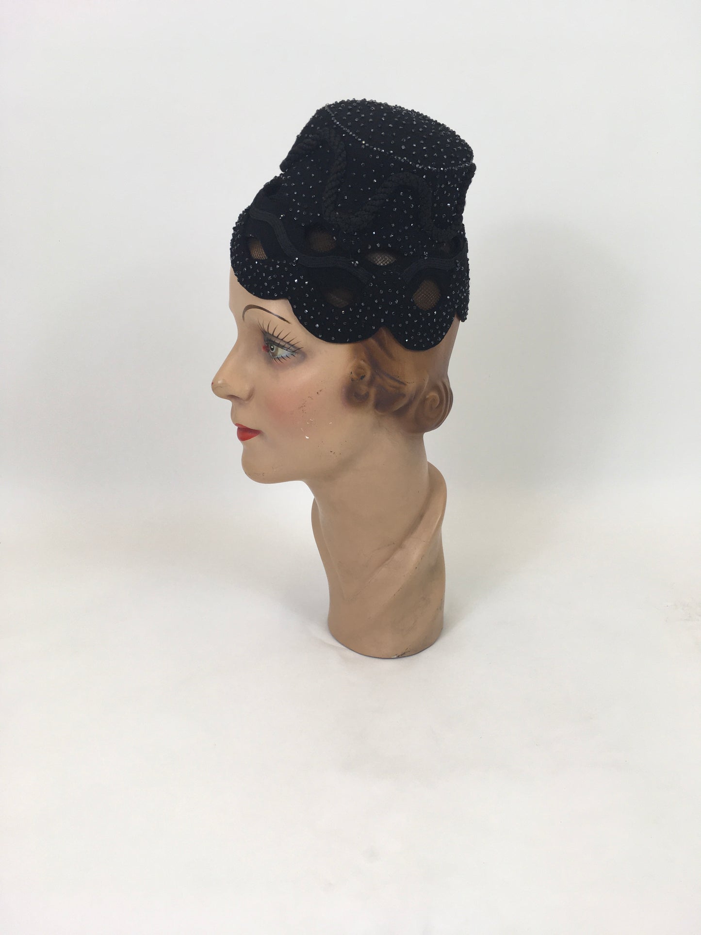 Original 1950's Fabulous Black Tilt hat - With Bugle Bead, Ric Rac and Netting Embellishment