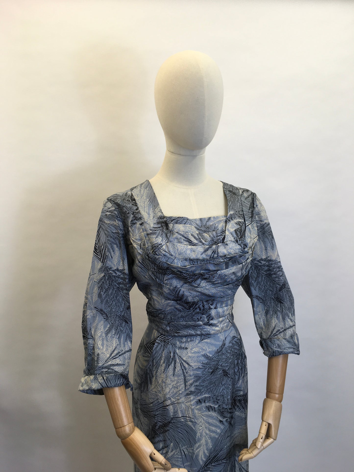 Original 1940’s Cocktail Dress - In a lovely Fern Print Silk in Power Blues and Shades of Grey