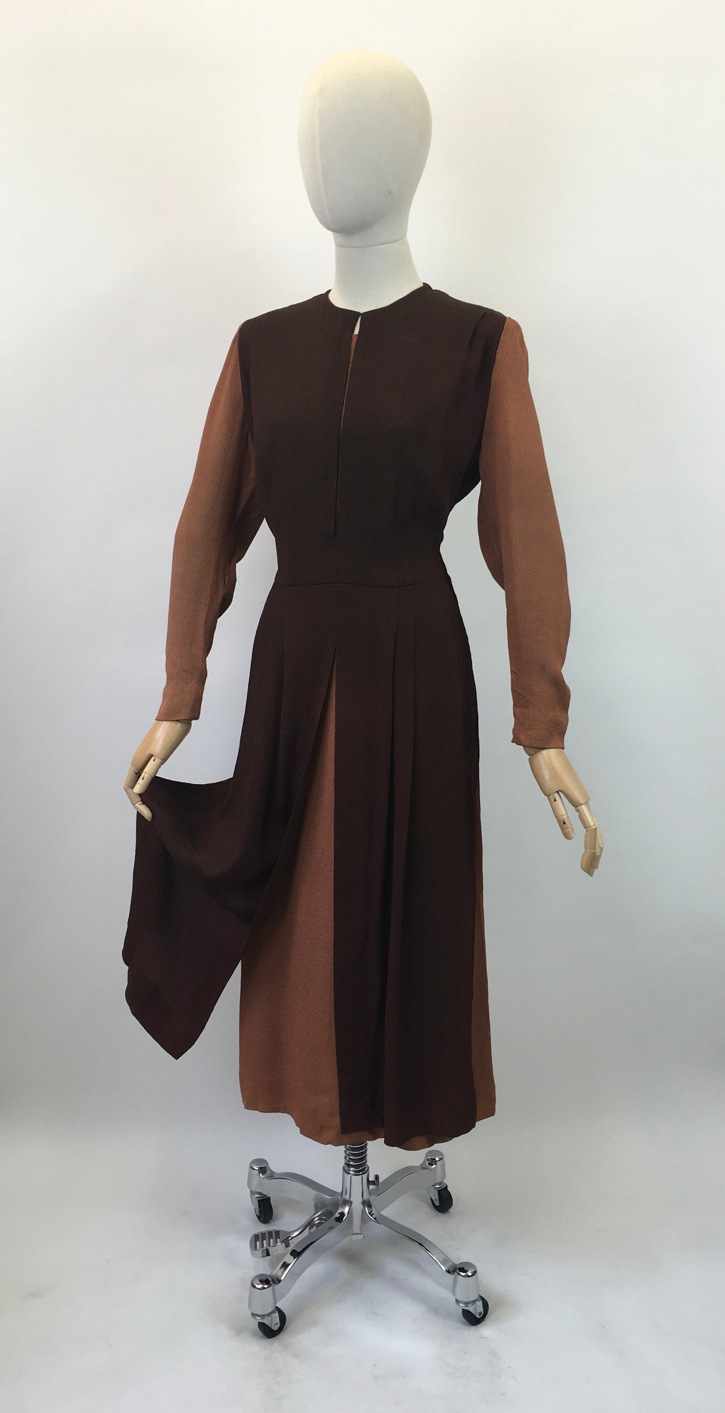 Original Sensational Late 1930's Early 1940's Dress - In Chocolate Brown and Warm Cinnamon Waffle Crepe
