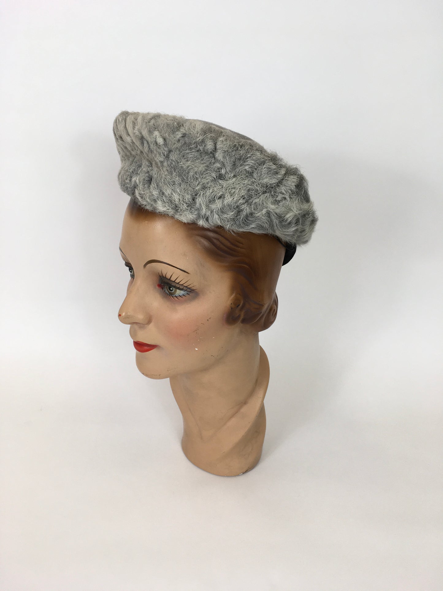 Original 1940s Beautiful Tilt Hat - In A Soft Icy Grey With Grey Astrakhan Trim