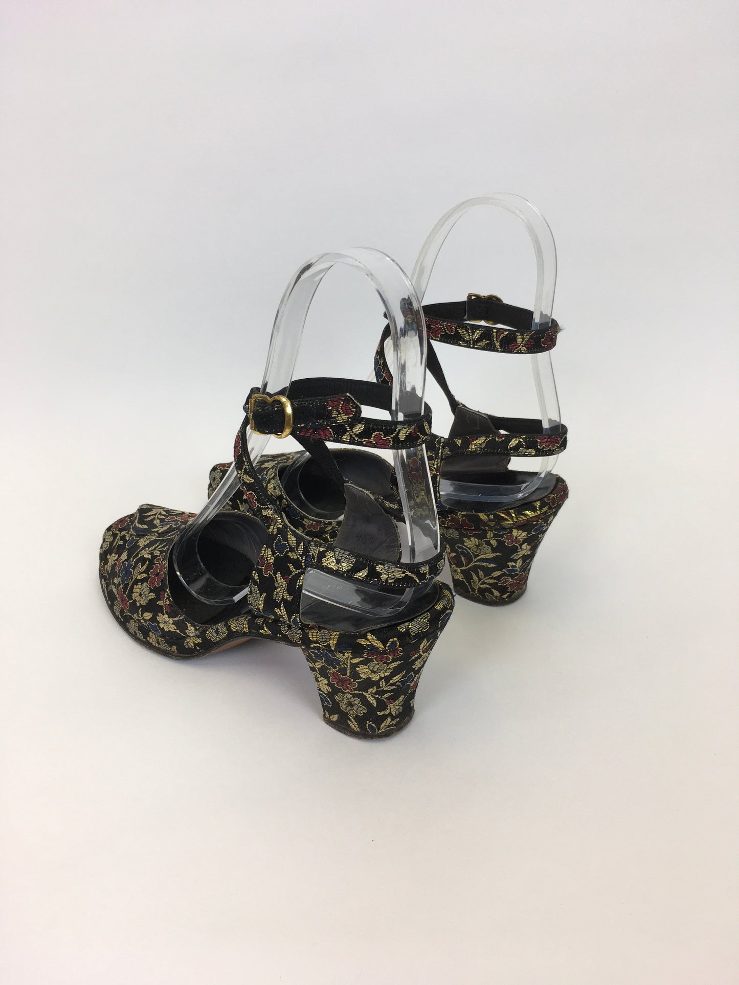 Original 1940s Heeled Sandals In A Beautiful Floral Brocade - Made by The Fabulous ‘ Colella’ American Label