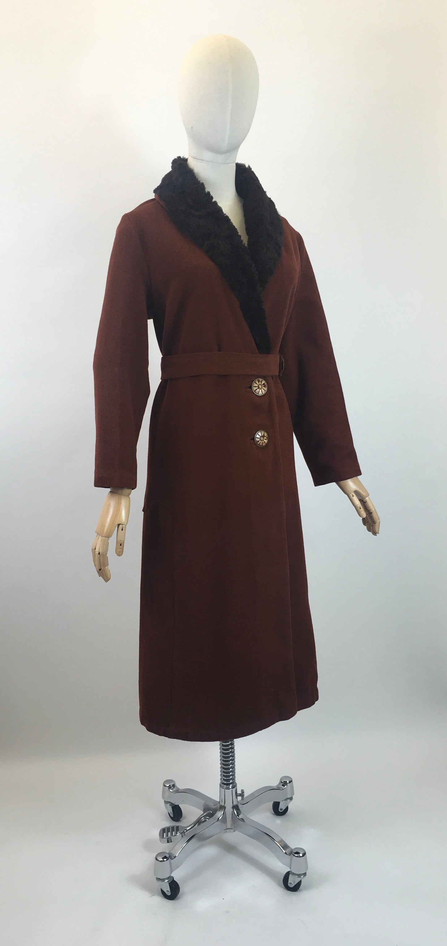 Original Sensational 1920's/ 1930's Art Deco Coat - In A Warm Cinnamon With Rabbit Fur Collar