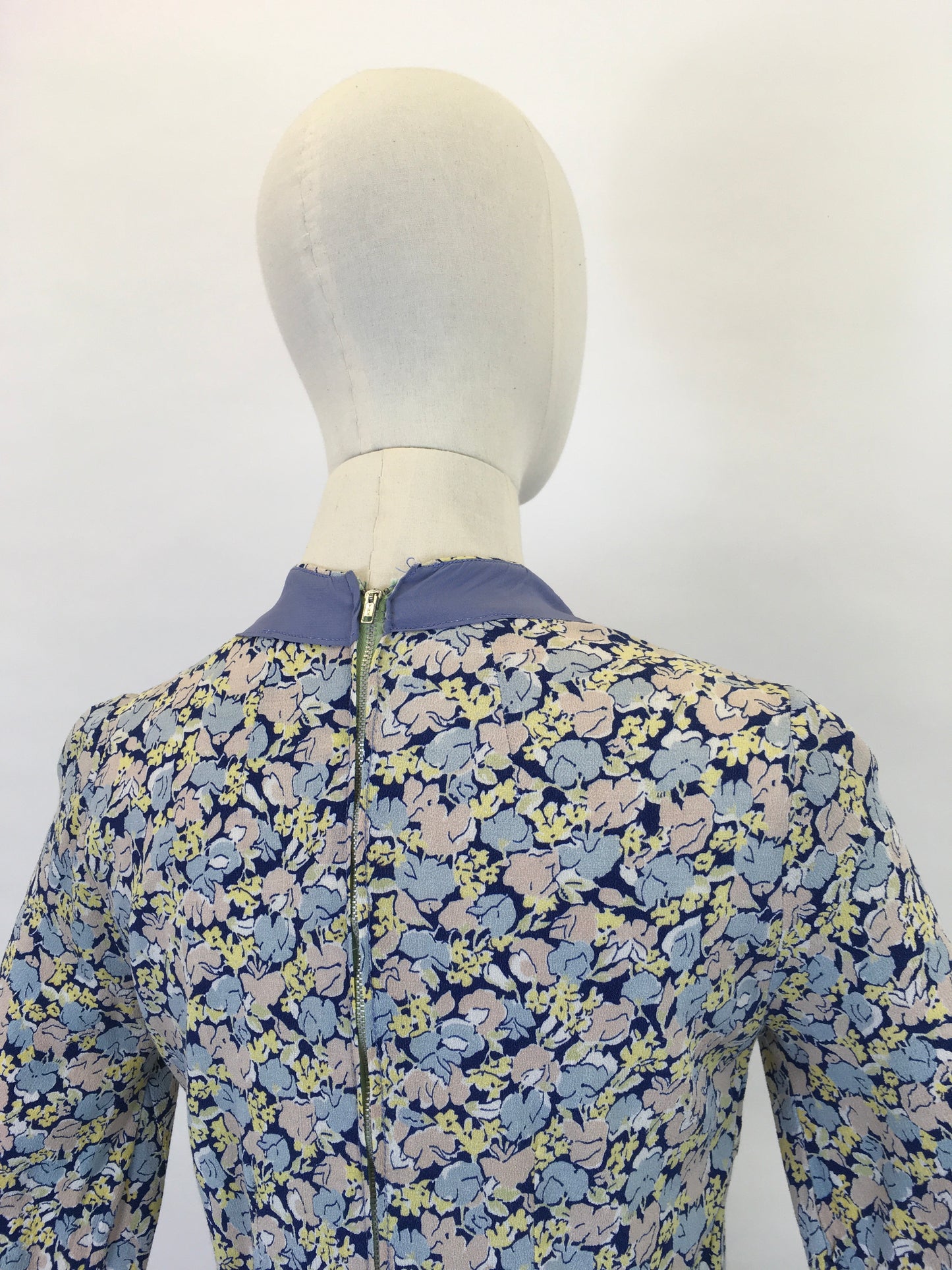 Original 1930’s Crepe Floral Day Dress - In A Pallet of Soft Pastels : Powdered Blue, Delicate Rose and Buttery Yellow