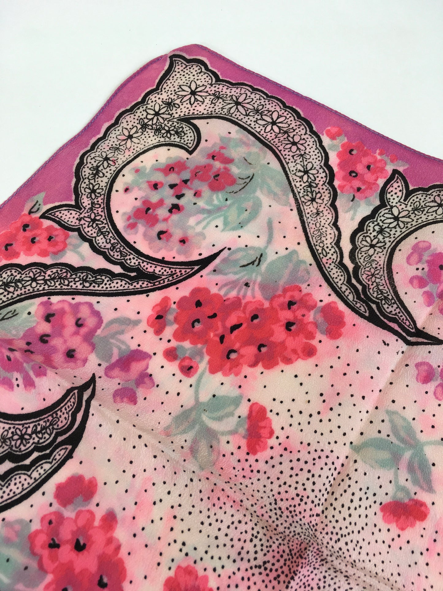 Original 1940’s Floral Rayon Crepe Hankie - In Cerise Pink and Stencilled Black