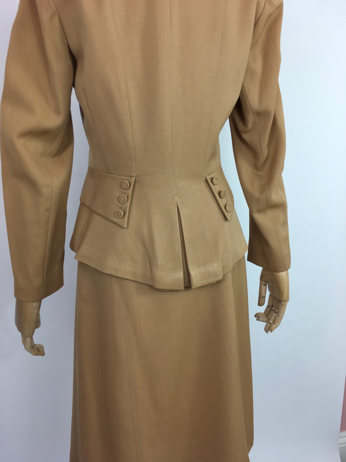 Original 1940’s 2 piece suit In A Lovely Soft Caramel Garbadine - With Amazing Arrow and Button Detailing