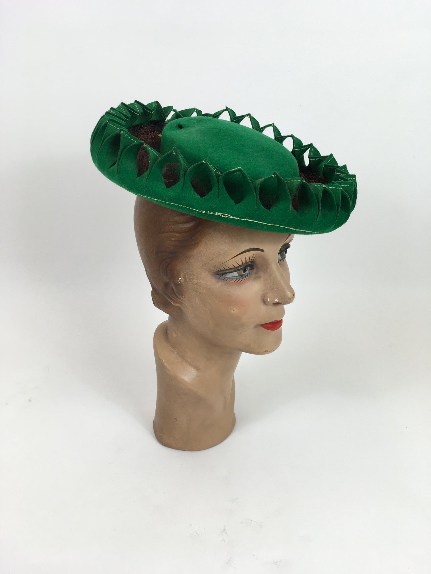 Original 1940’s SENSATIONAL Bottle Green Pancake Hat - With Cutwork and Multi Colour Veiling