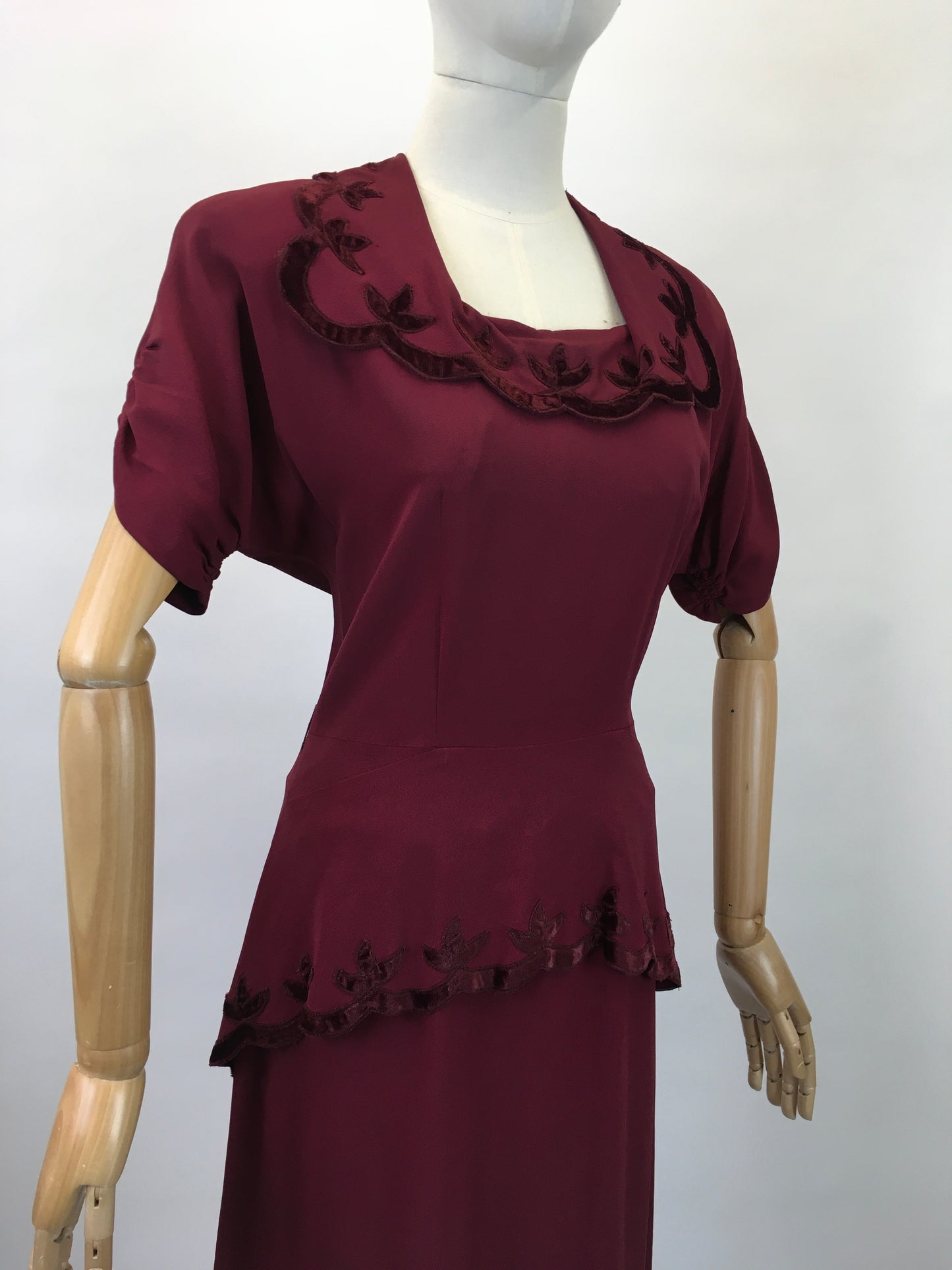 Original 1940's Sensational Cocktail Dress ' Styled By Adrian' - In Deep Wine with Velvet Trims