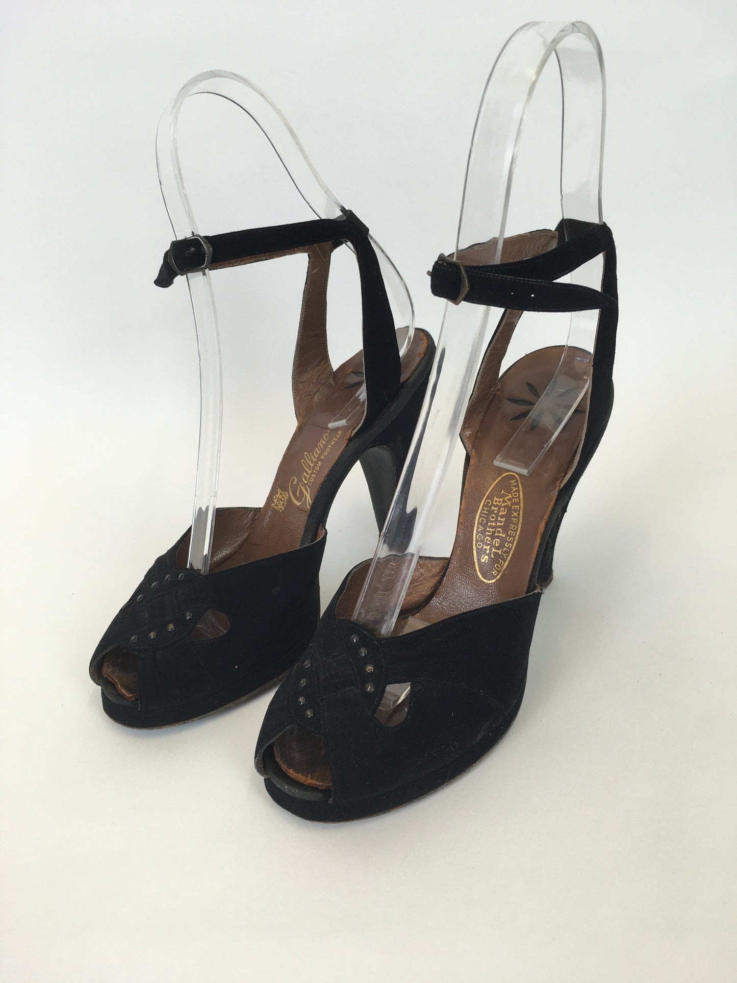 Original 1940s Black Suede Heels - With Peep toe Front Detailing and Buckled Ankle Strap