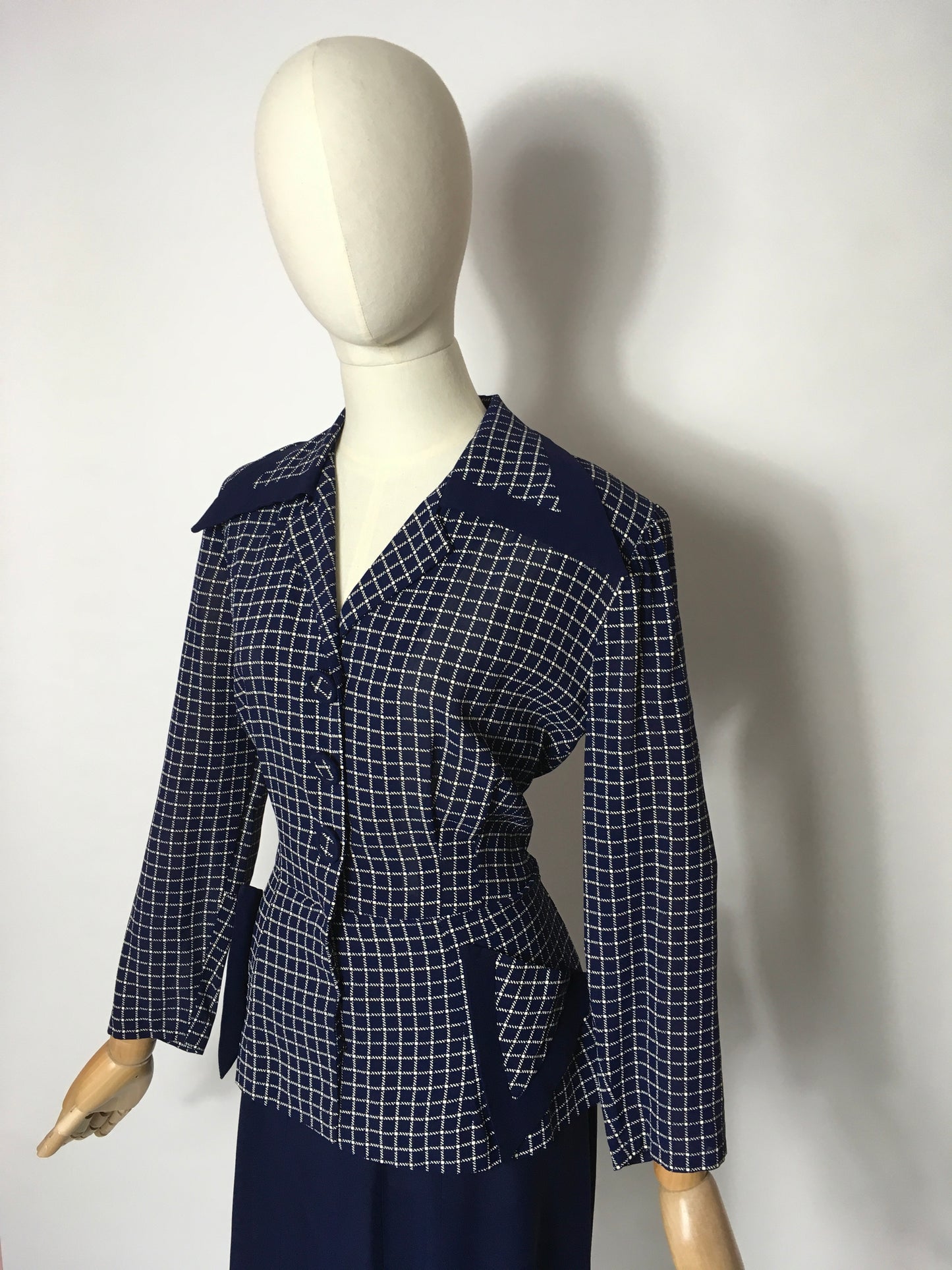 Original 1940’s Illusion Dress with Sharp Collar - Contrast Check & Navy Rayon
