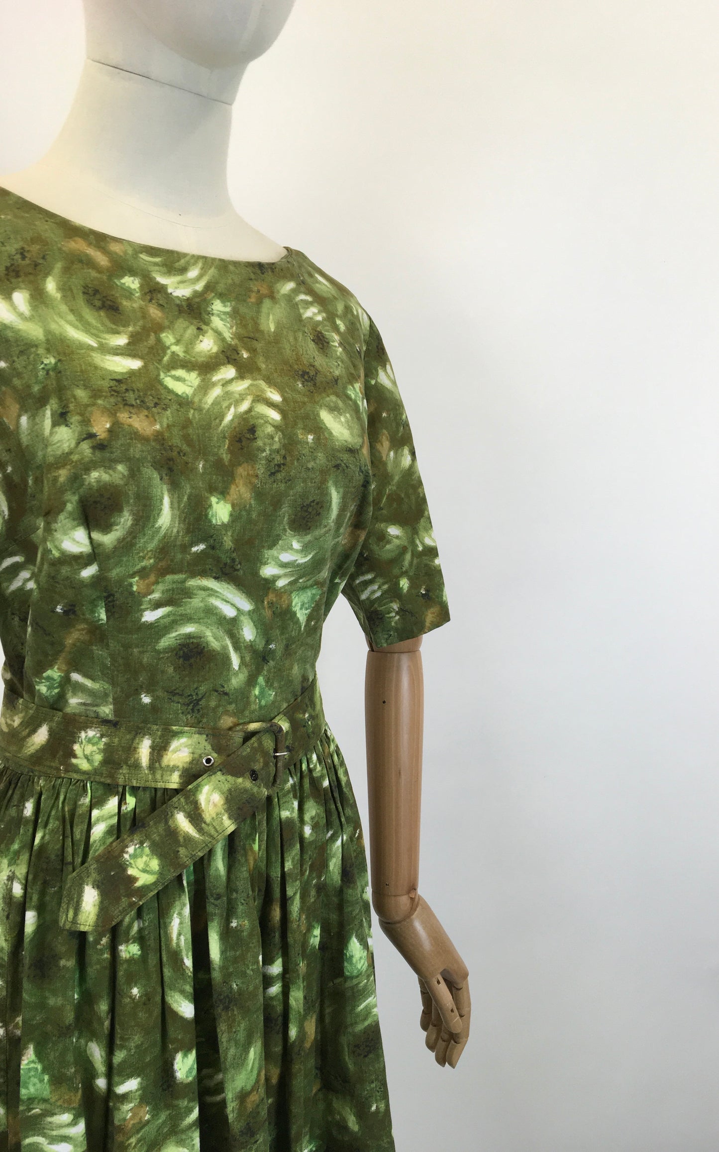 Original 1950's Darling Cotton Day Dress - In Fresh Greens & Chocolate Browns