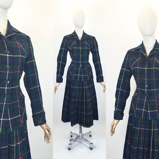 Original 1940's Stunning 2pc Suit - In A Fabulous Wool Plaid in Red, Yellow, Green & Navy