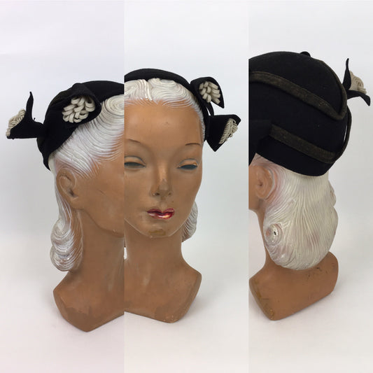 Original 1940s ‘ Henry Pollack ‘ Black Felt Hat - With Ivory and Black Felt Adornments