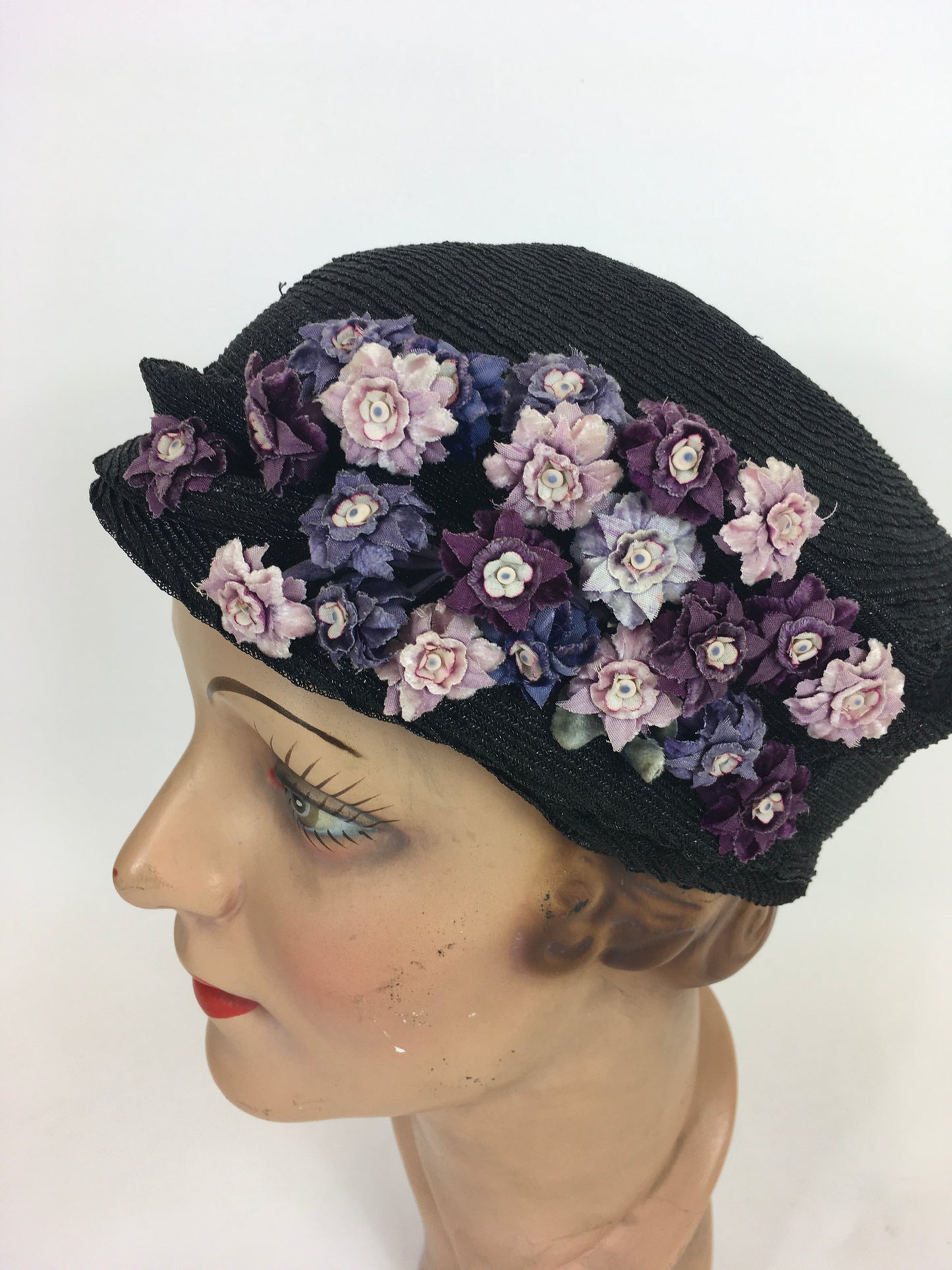 Original 1930’s Amazing Black Straw Hat - Adorned with Soft Mauve, Rich Purples and Violet Velvet Flora