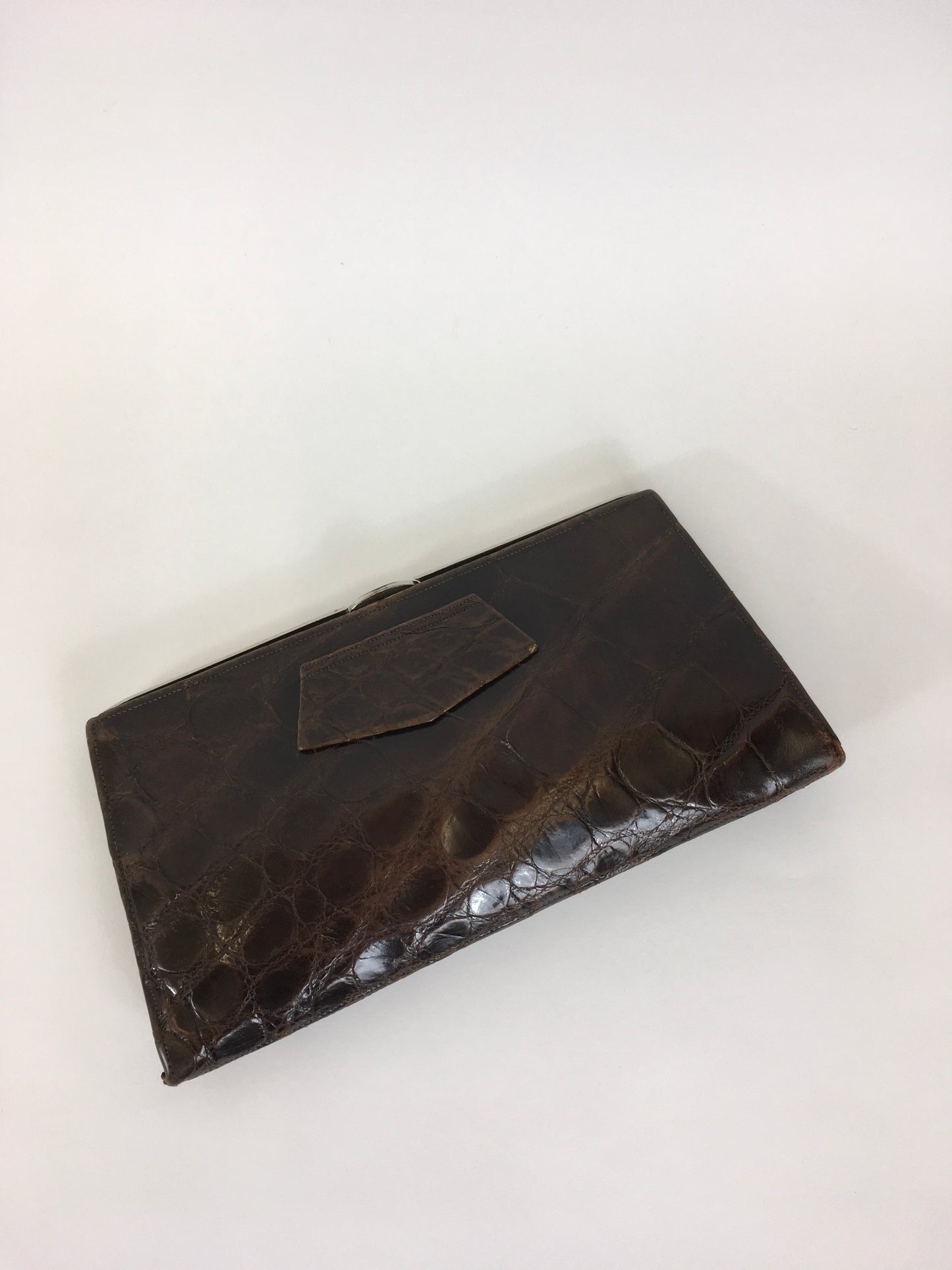 Original 1930’s Deco Crocodile Clutch Handbag - In A Warm Brown with Chrome Detailing