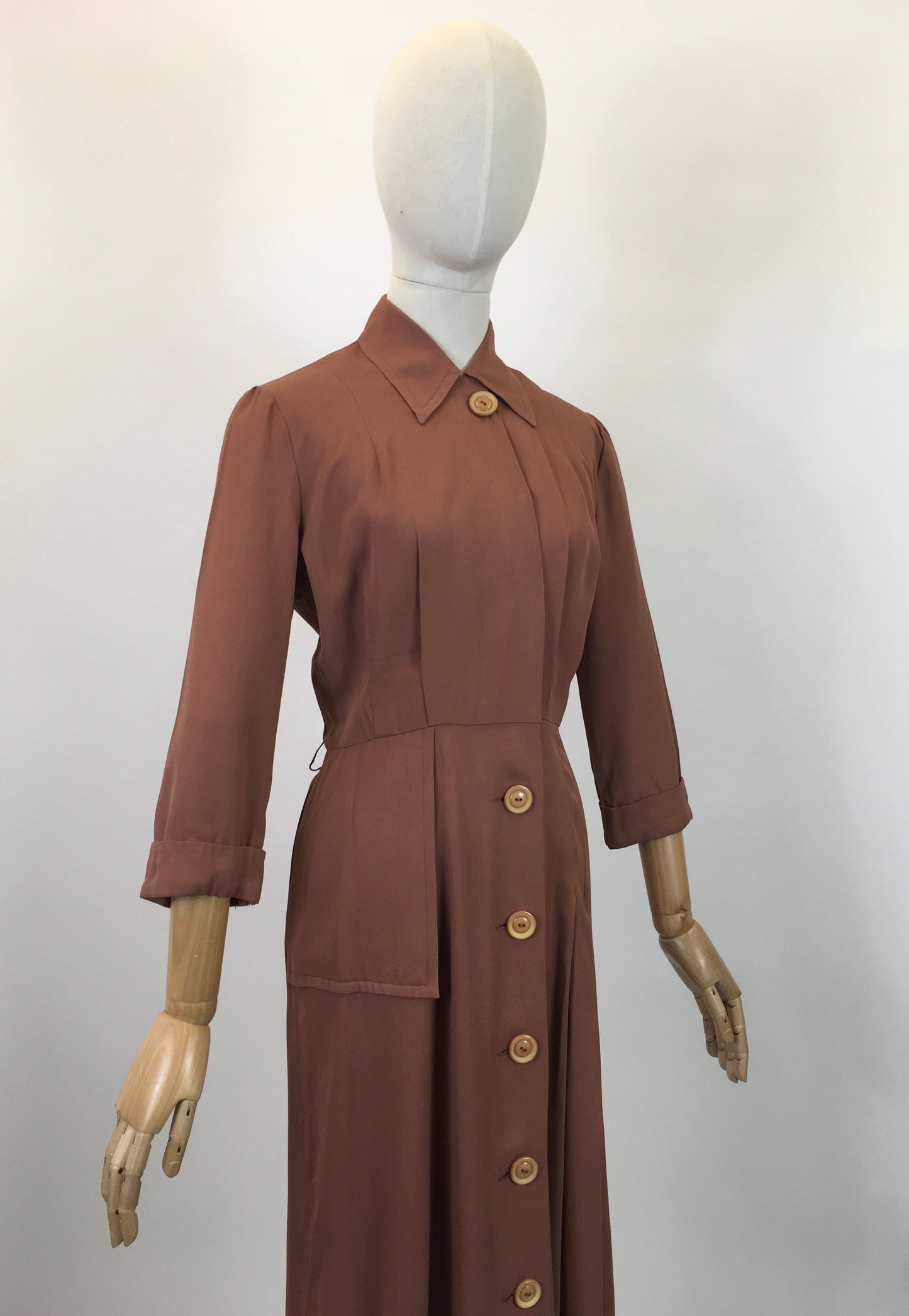 Original 1940's Darling Gaberdine Dress - In A Soft Chestnut Brown