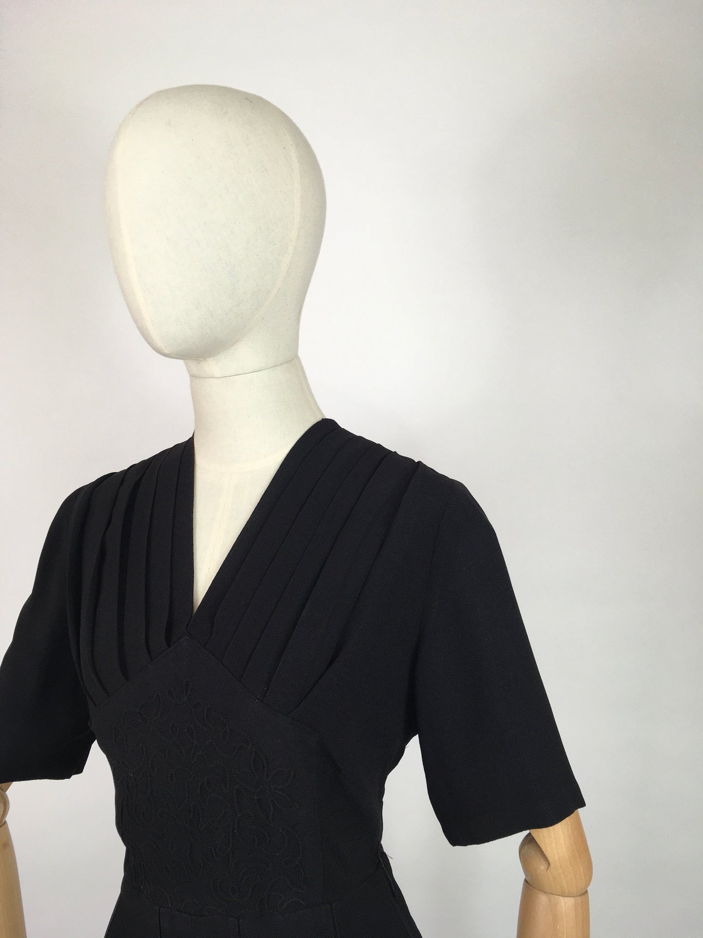 Original 1940’s Black Crepe Dress - With a Lovely Soutache Waist Panel Detailing