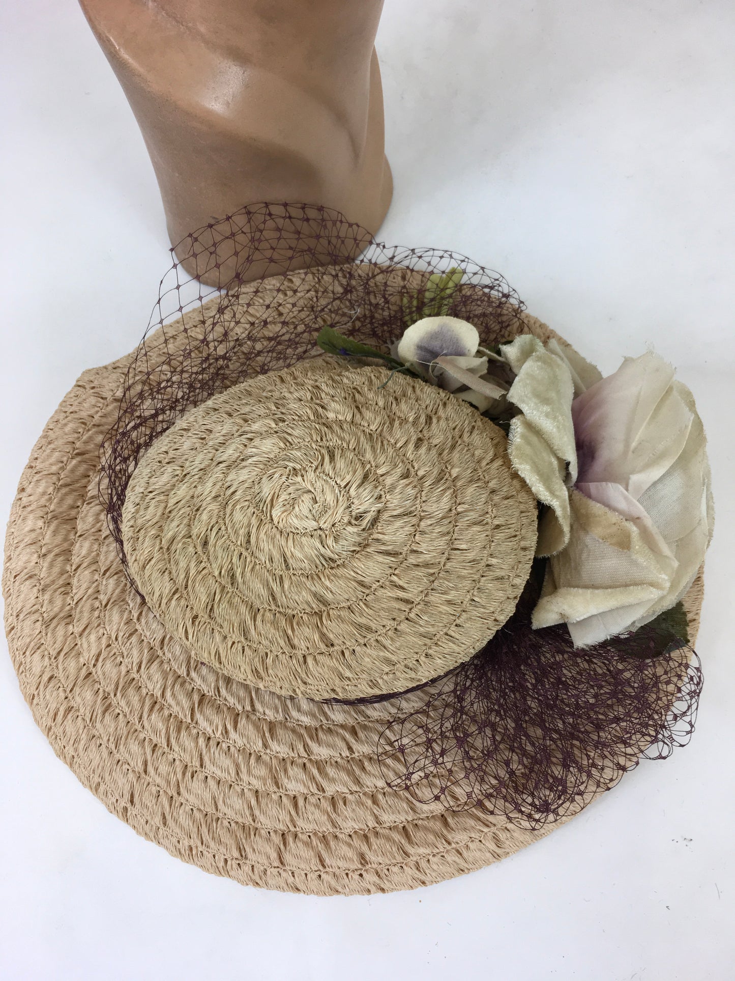 Original Late 1930's Darling Soft Raffia Hat - In A Pale Pink with Velvet Millinery and Deep Lavender Veiling