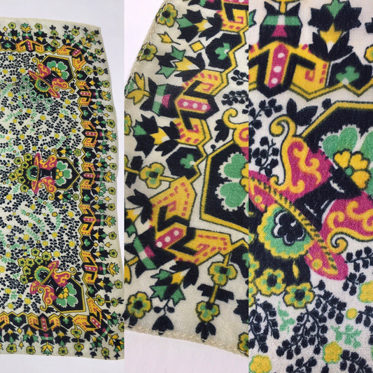 Original 1940’s / 1950’s Silk Hankie - In Lovely Bright Greens, Yellows, Black & Pink