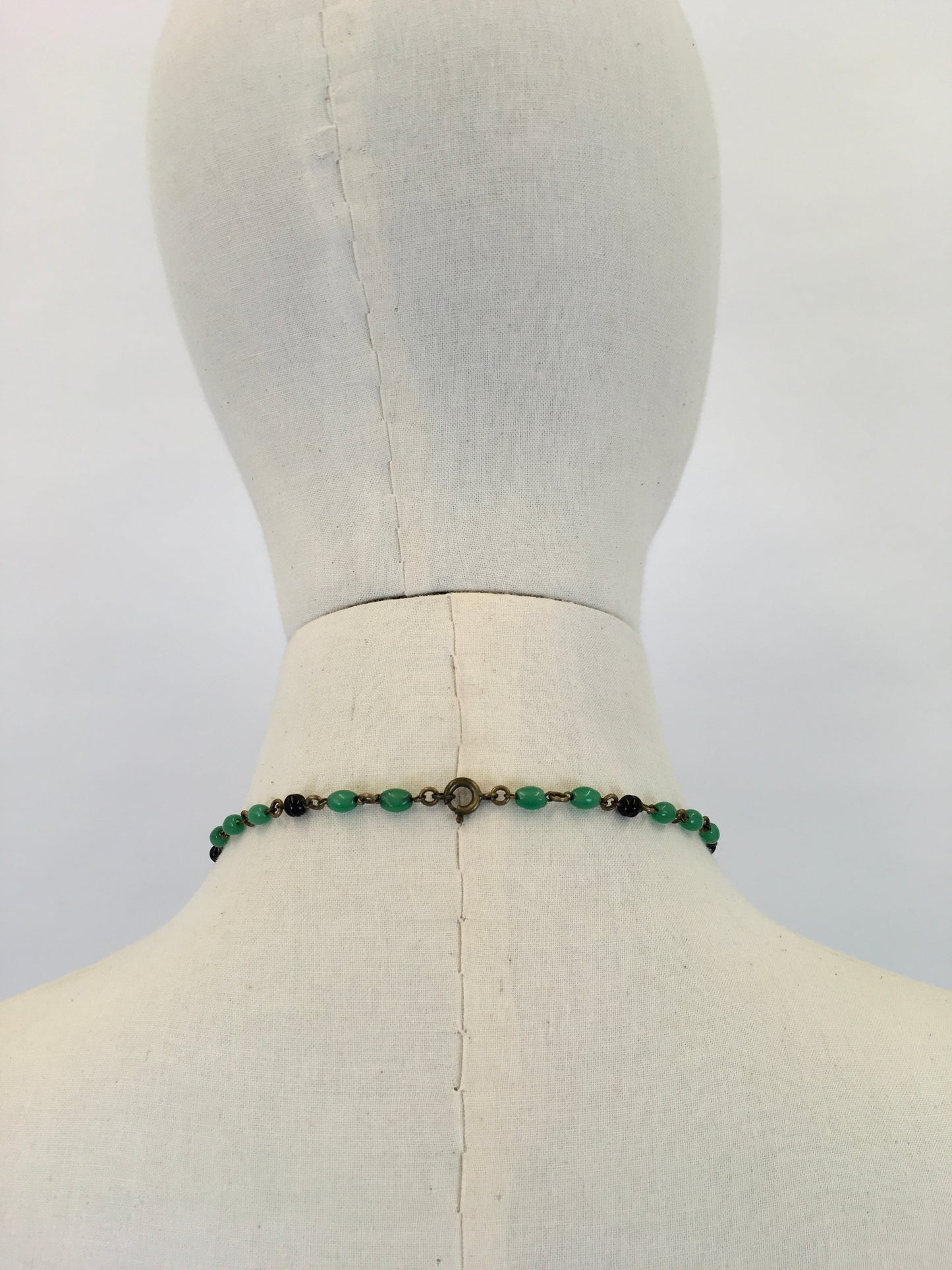 Original 1930s STUNNING Deco Necklace - Brass and Classic Deco Green Glass Beads