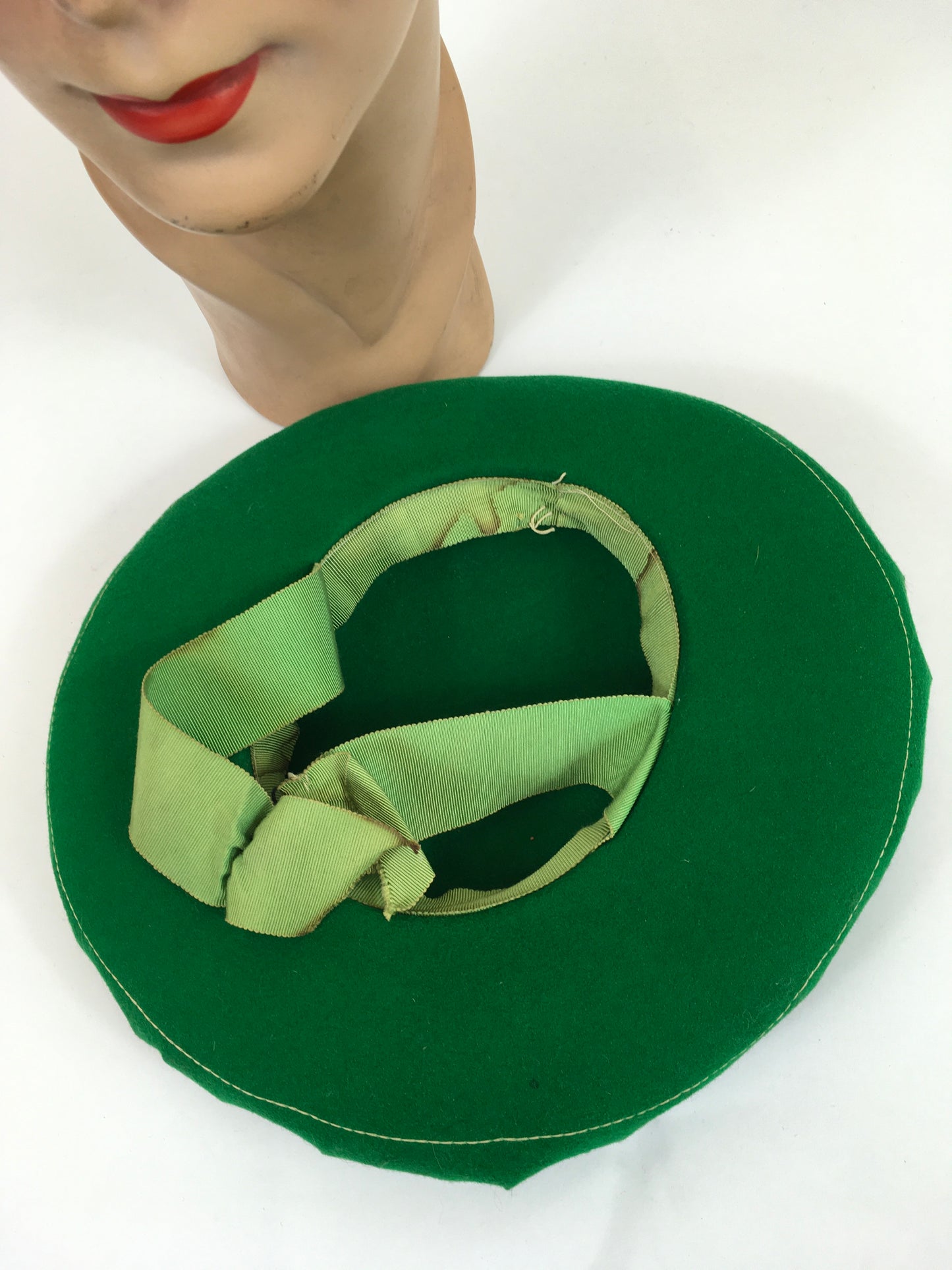 Original 1940’s SENSATIONAL Bottle Green Pancake Hat - With Cutwork and Multi Colour Veiling