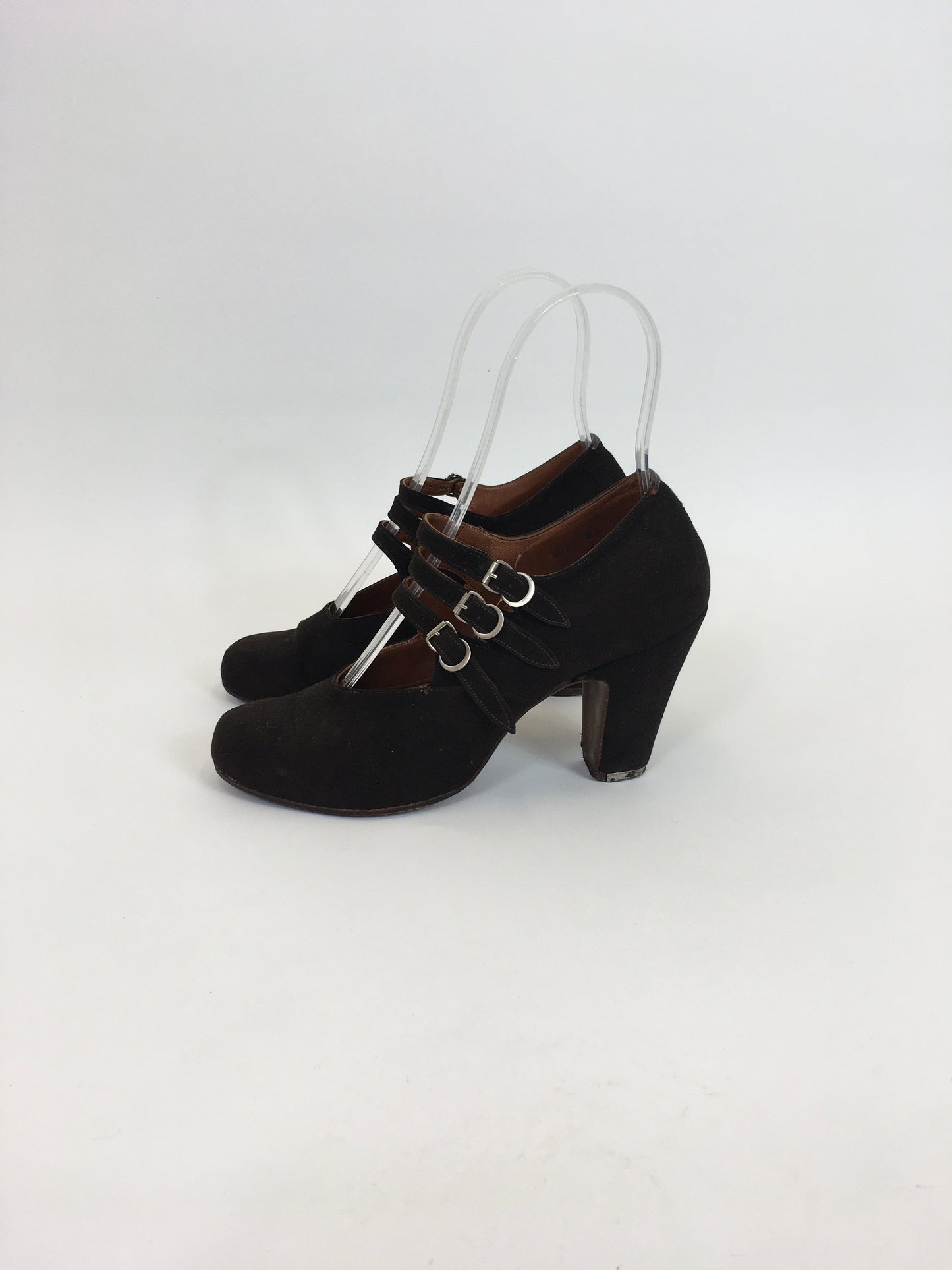 Original 1940's Sensational Suede Shoes in Chocolate Brown - With Triple Buckle Detailing and Original Box (Approx a UK 4 1/2)