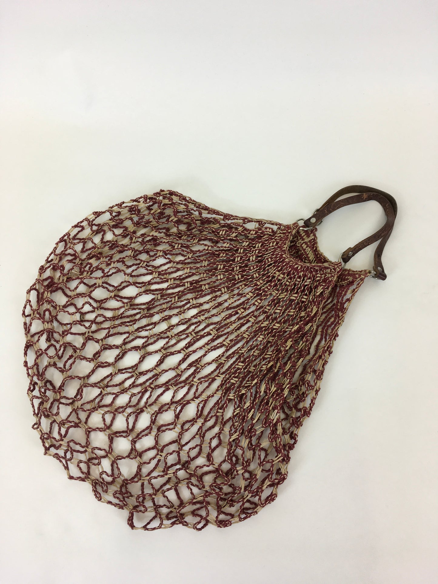Original 1930’s / 1940’s Burgundy & White String Bag with Leather Handles - A Fabulous Piece Of Nostalgia