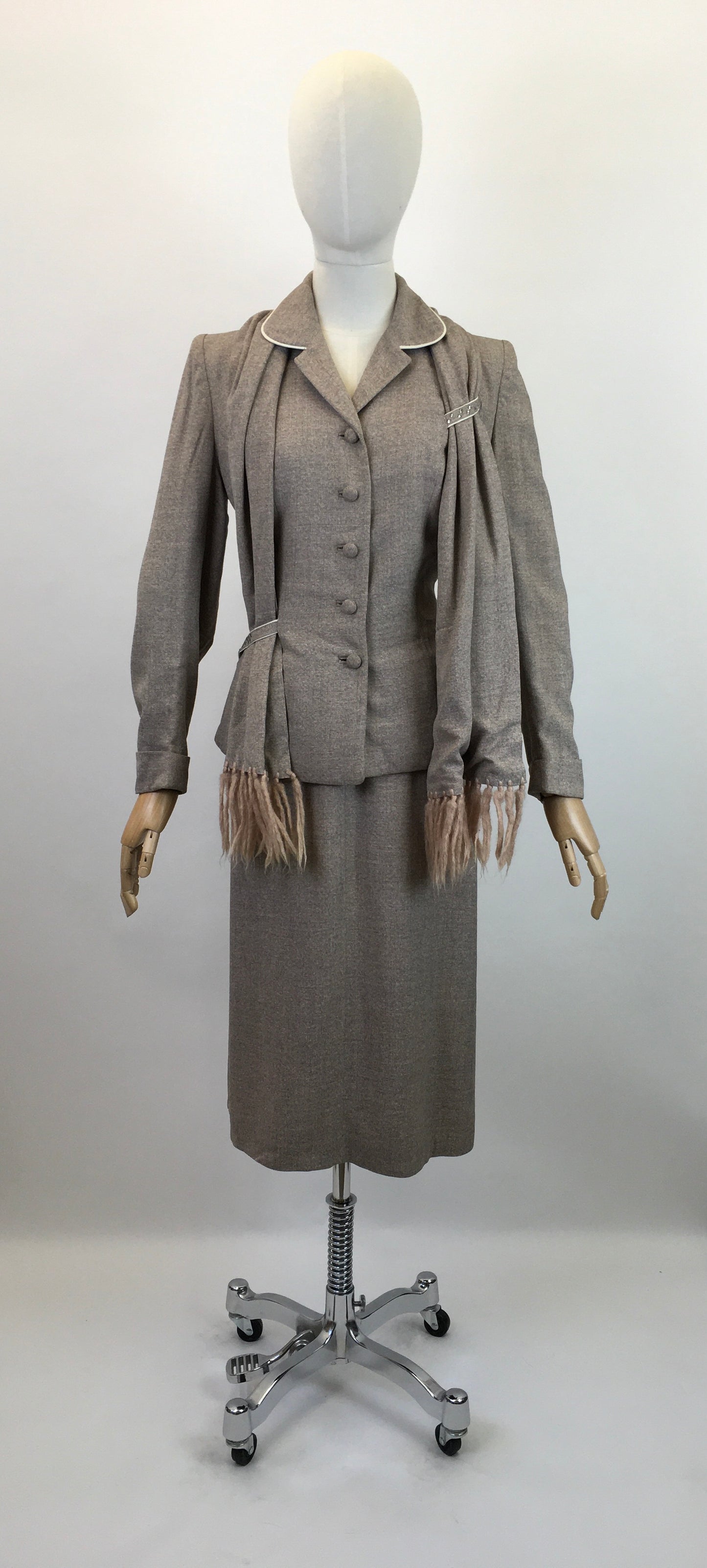 Original 1940's STUNNING 3pc Suit - In Soft Fawn with A Draped Tasselled Scarf