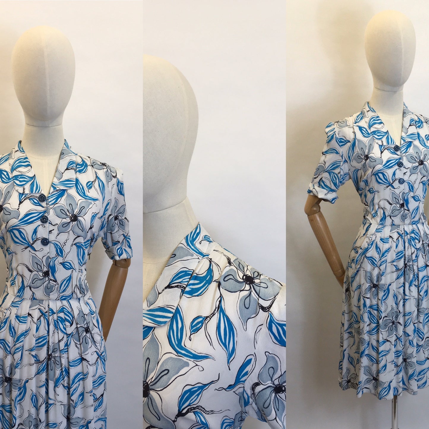 Original 1940’s Crepe Day Dress - Lovely Stencilled Floral in Blues, Blacks and Slate Greys