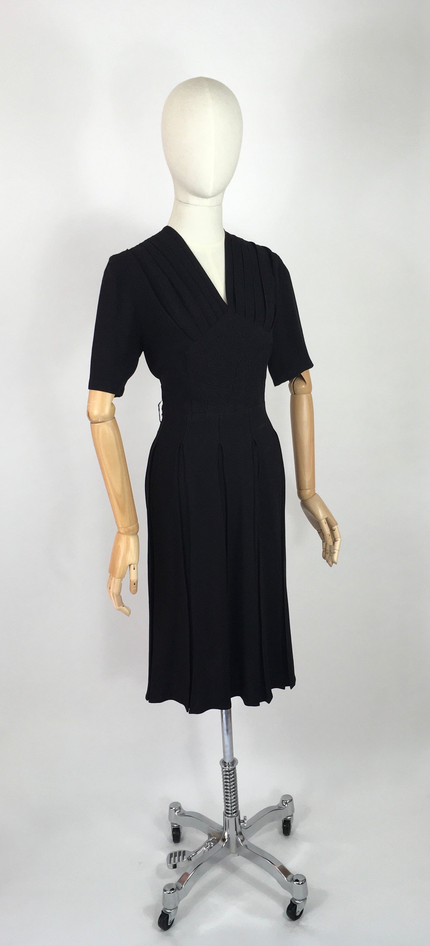 Original 1940’s Black Crepe Dress - With a Lovely Soutache Waist Panel Detailing