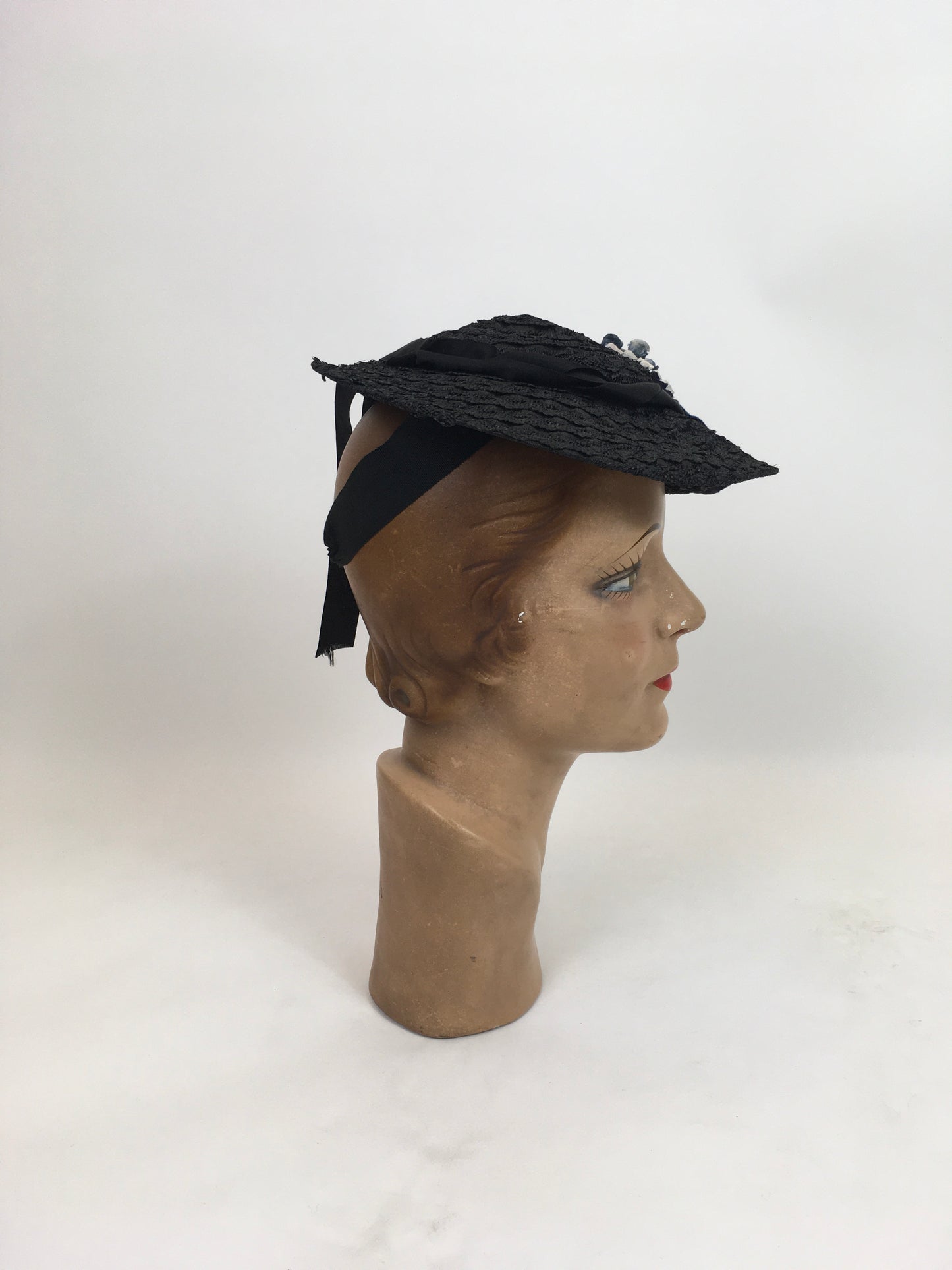 Original 1930's Fabulous Tilt Hat - In Black Straw with Silk Velvet/ Silk and Floral Millinery Adornments