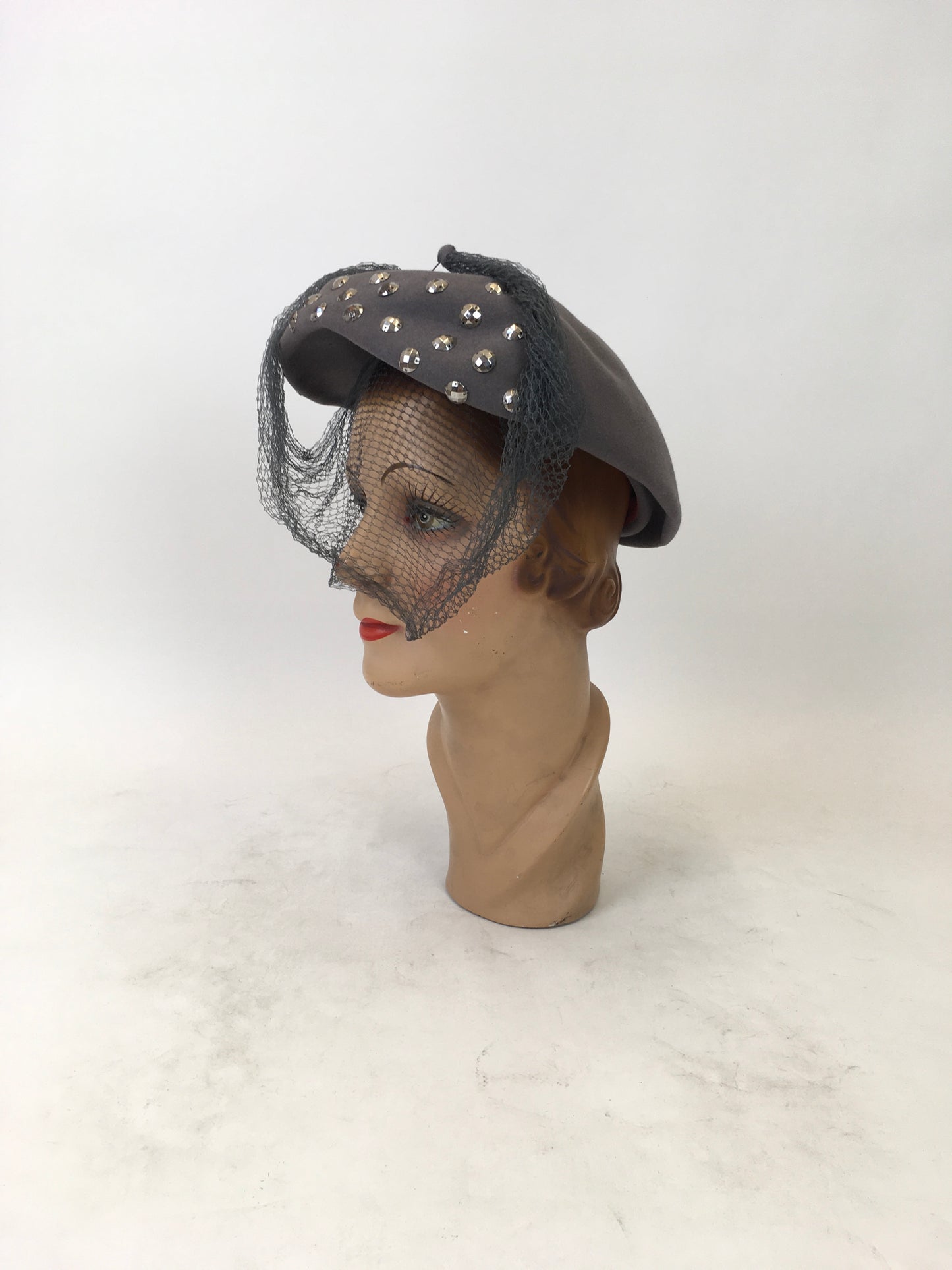 Original 1940's Stunning Studded Hat with Veiling - In A Powdered Grey