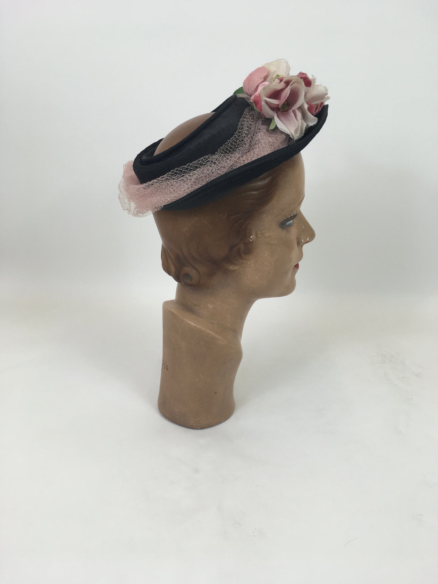 Original 1930's / 1940's Open Crown Hat - In Black with Original Floral Velvet Millinery Adornments