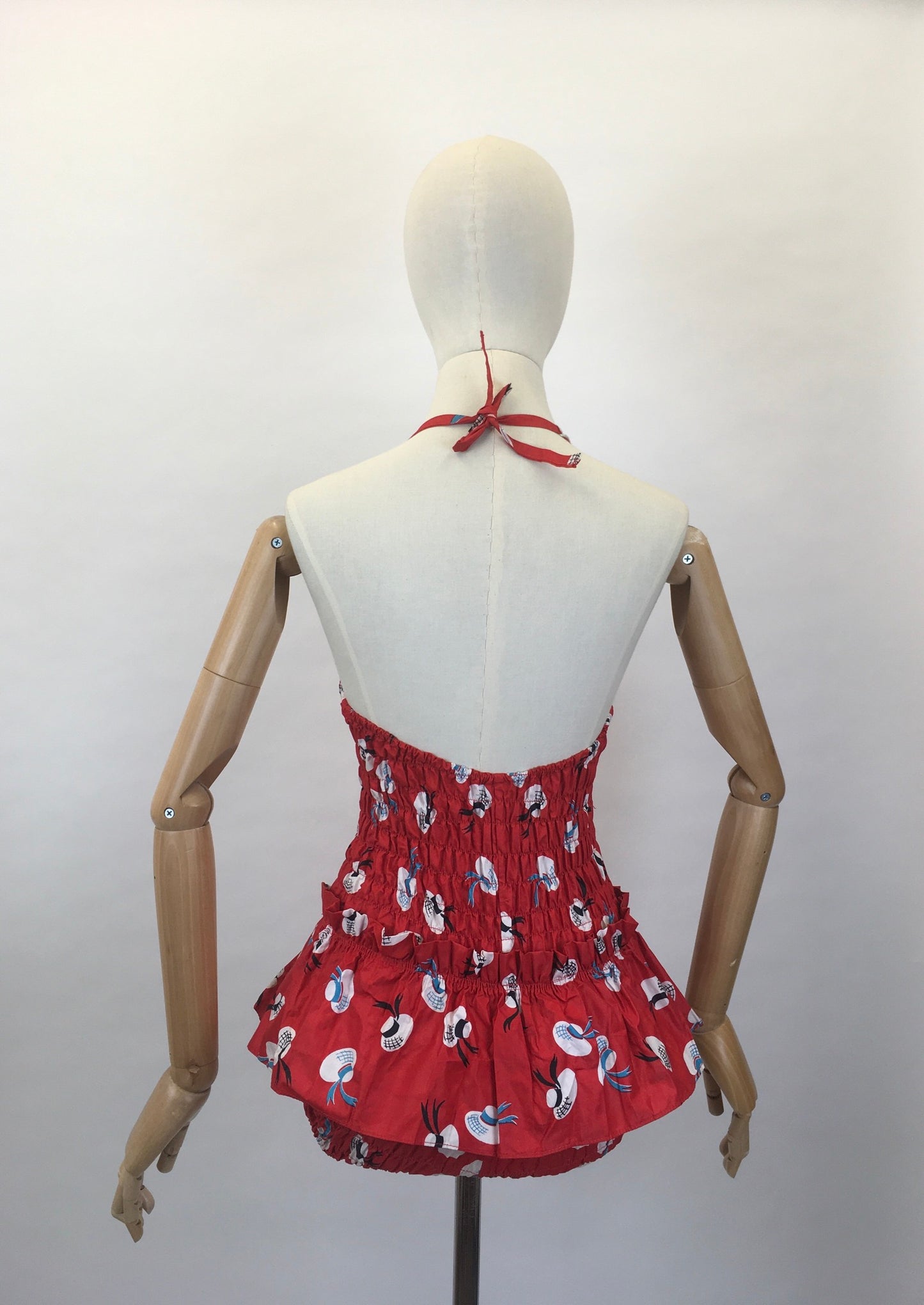 Original 1950s early 1960’s Deadstock ‘ Aquapoise’ Novelty Swimsuit - In a Fabulous Hat Print on Lipstick Red Cotton