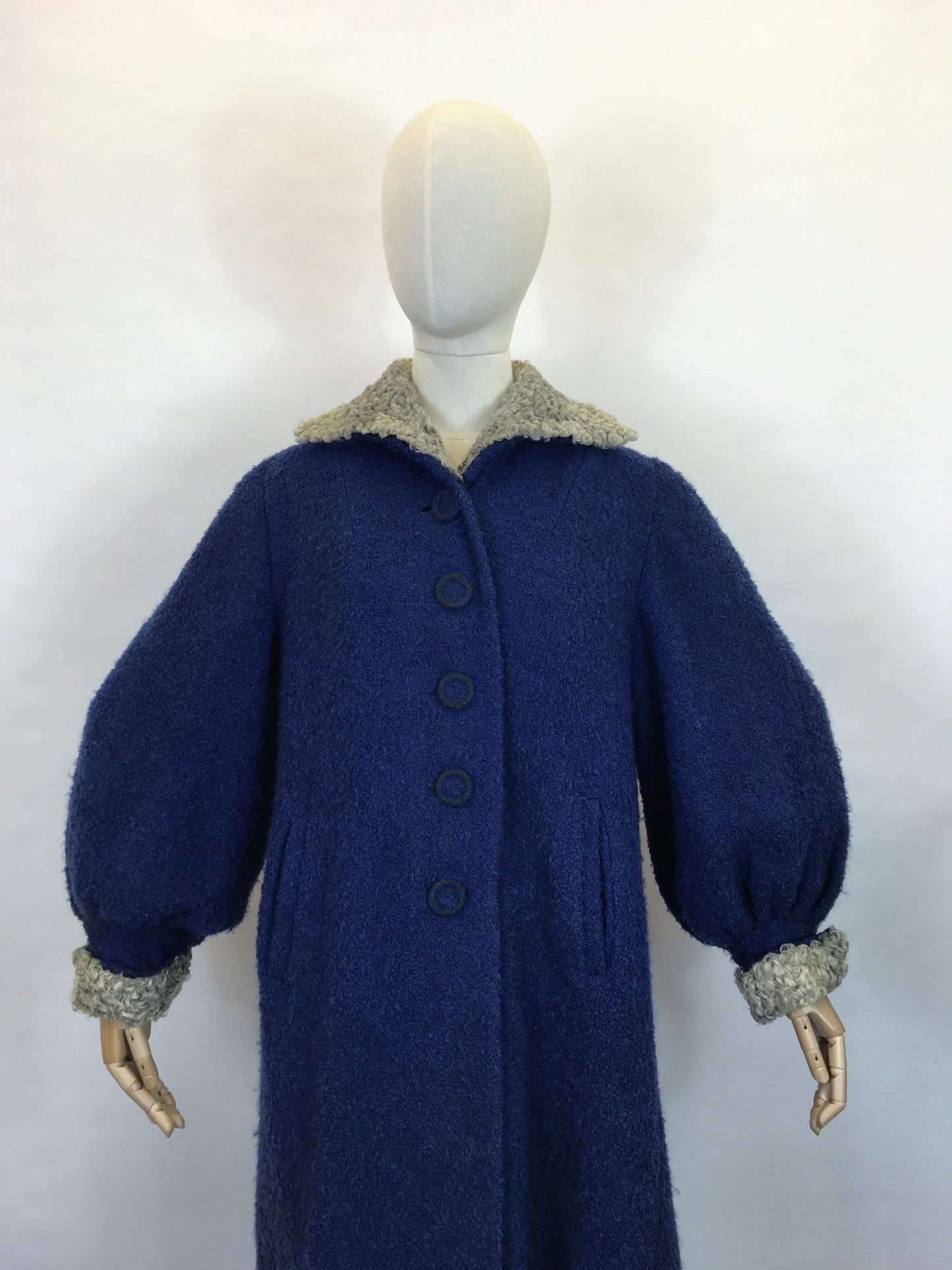 Original 1940’s Amazing Boucle Wool Coat with Astrakhan Trim - In a Royal Blue and Soft Grey