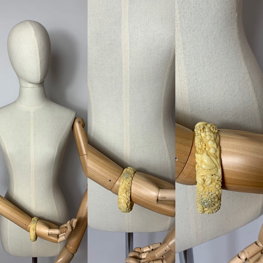 Original late 1930’s Celluloid Bangle - Featuring Carved Florals In a Lovely Warm Cream
