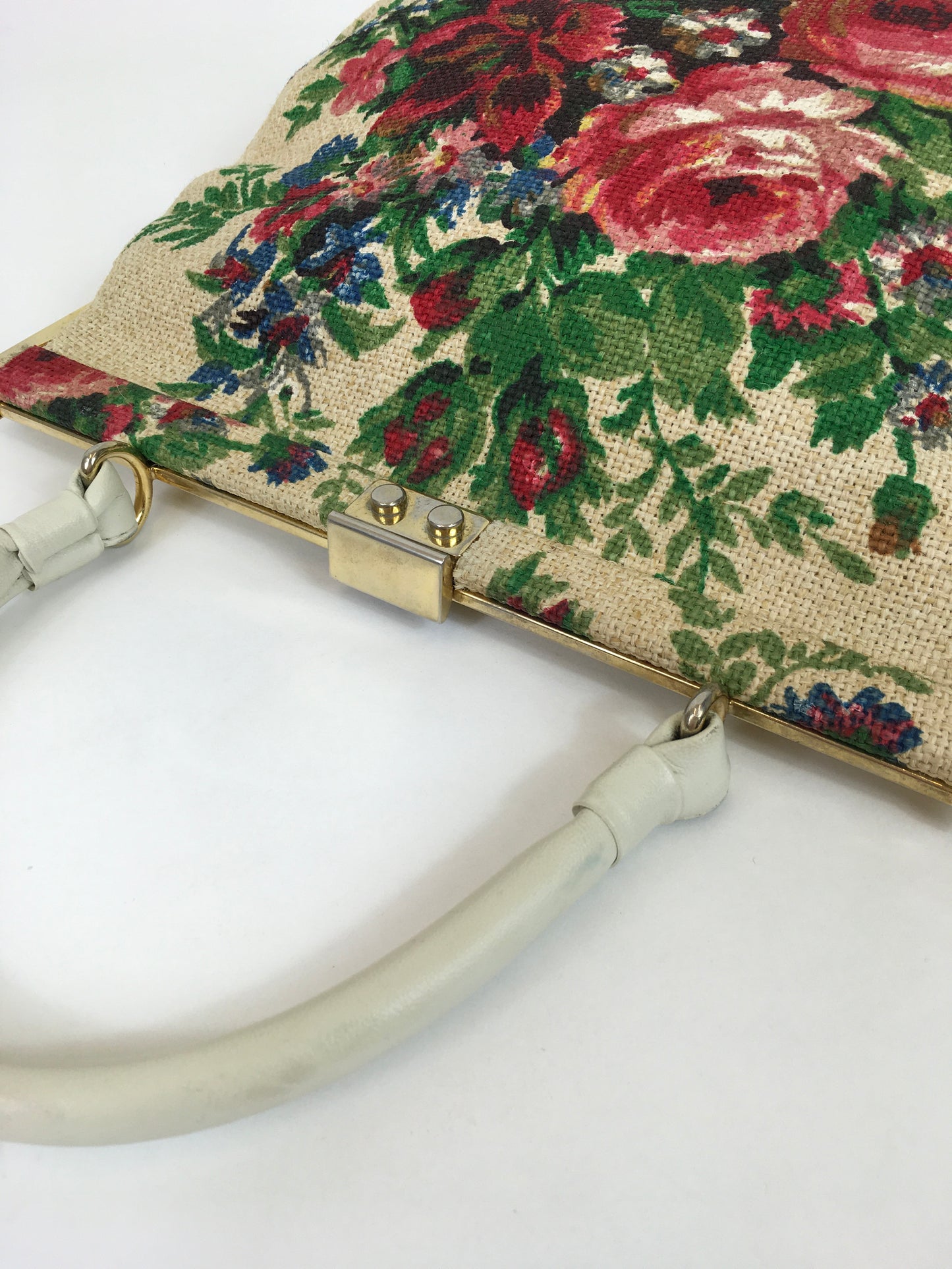 Original 1950’s Fabulous Floral Handbag - With Gold Metalwork Frame and Cream Handle