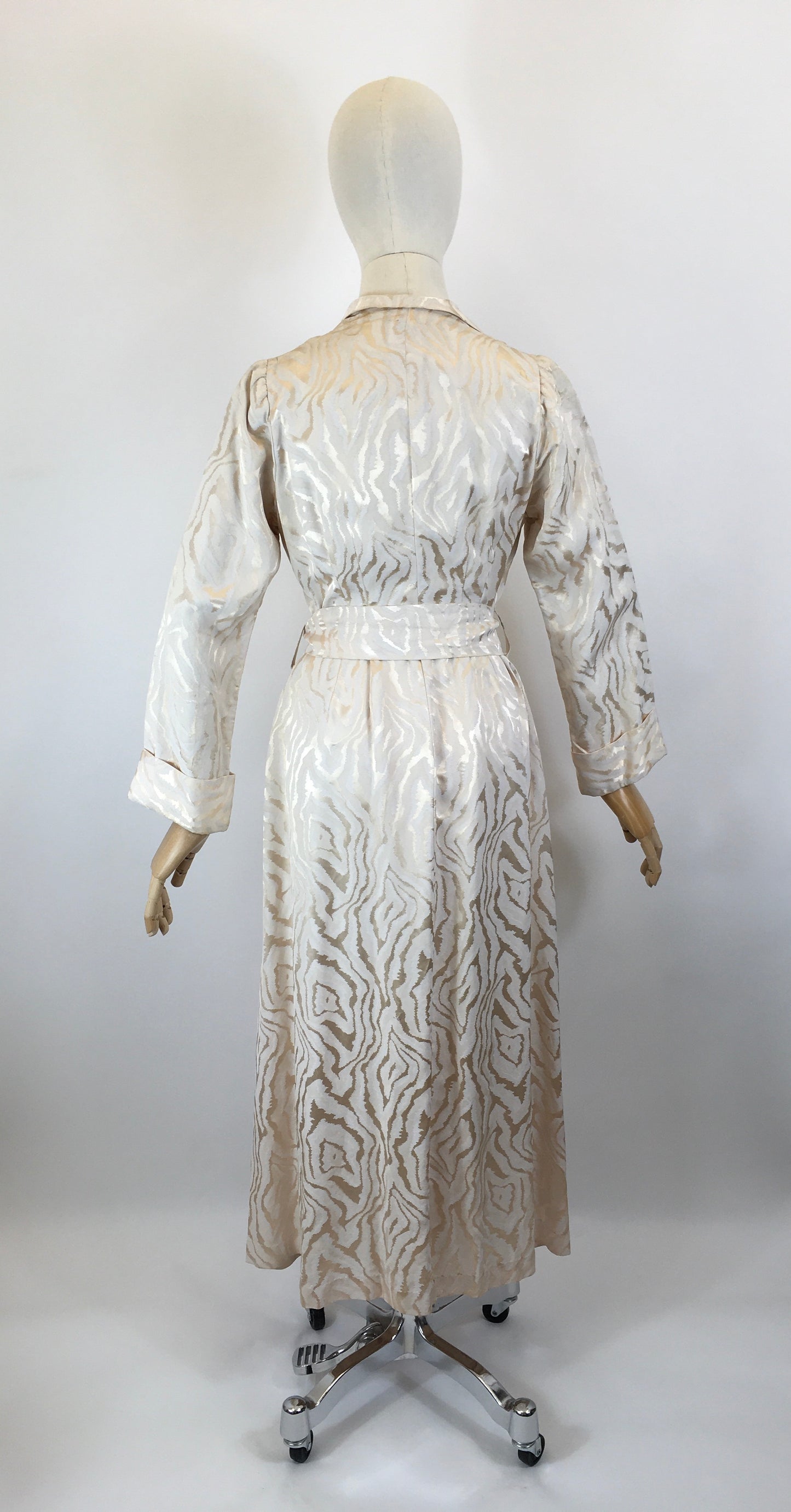 Original 1940’s Stunning Housecoat - In A Cream & Gold Printed Brocade with Tasseled Belt