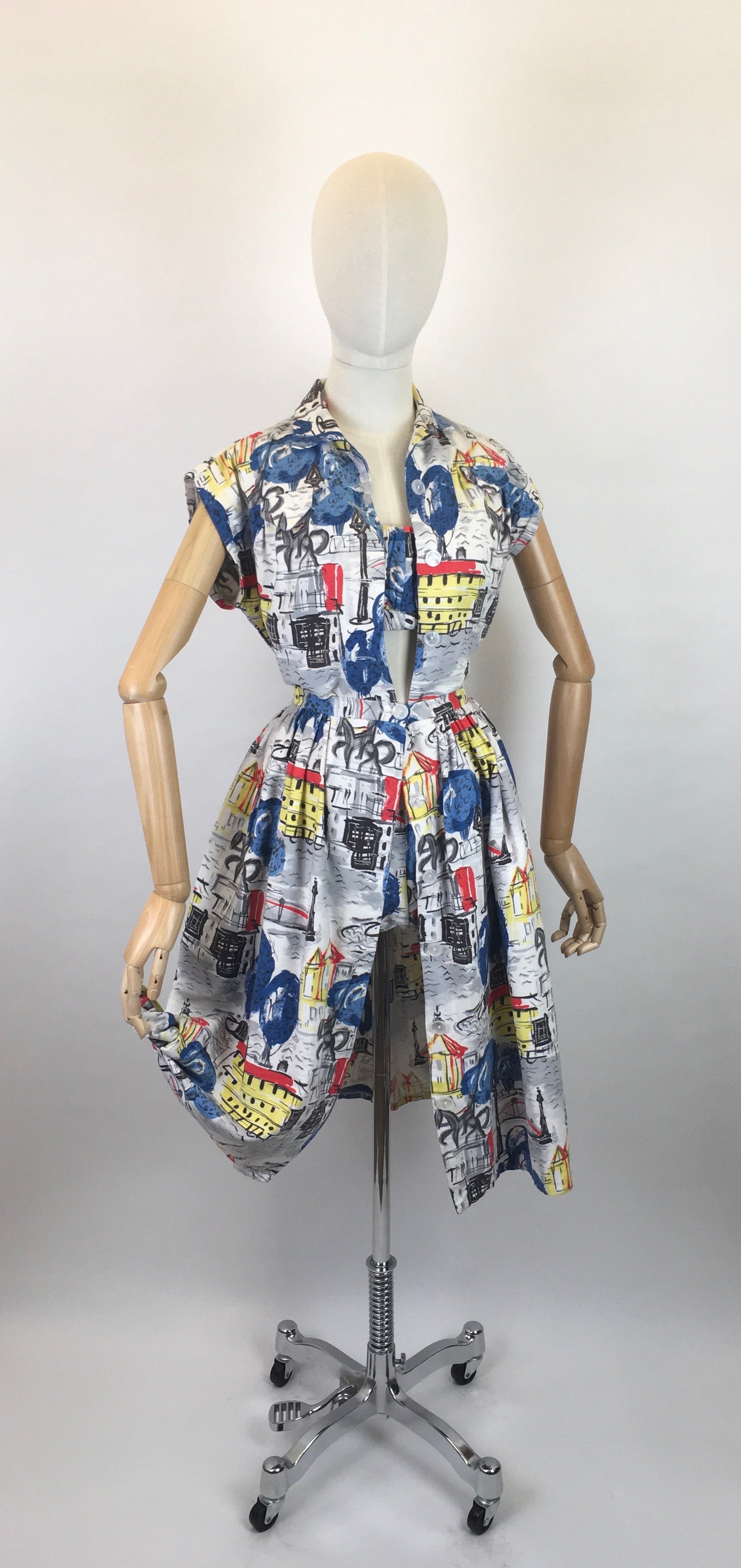 Original 1950s 4 pc Sun Set In Novelty Print Barkcloth - Sun Top, Blouse, Bloomer Shorts and Skirt