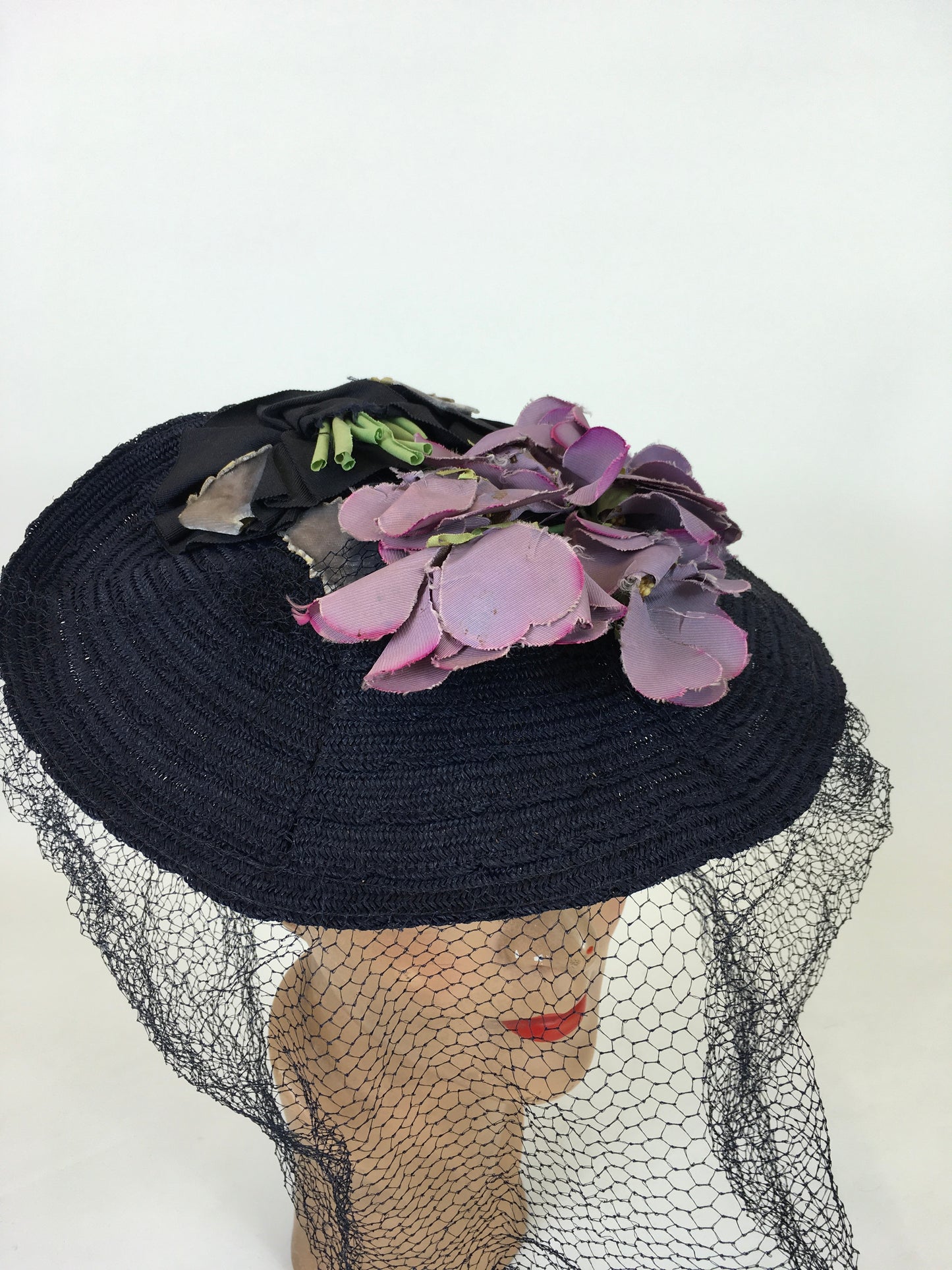 Original 1940's Sensational Navy Straw Tilt Hat - Adorned With Purple Millinery Blooms