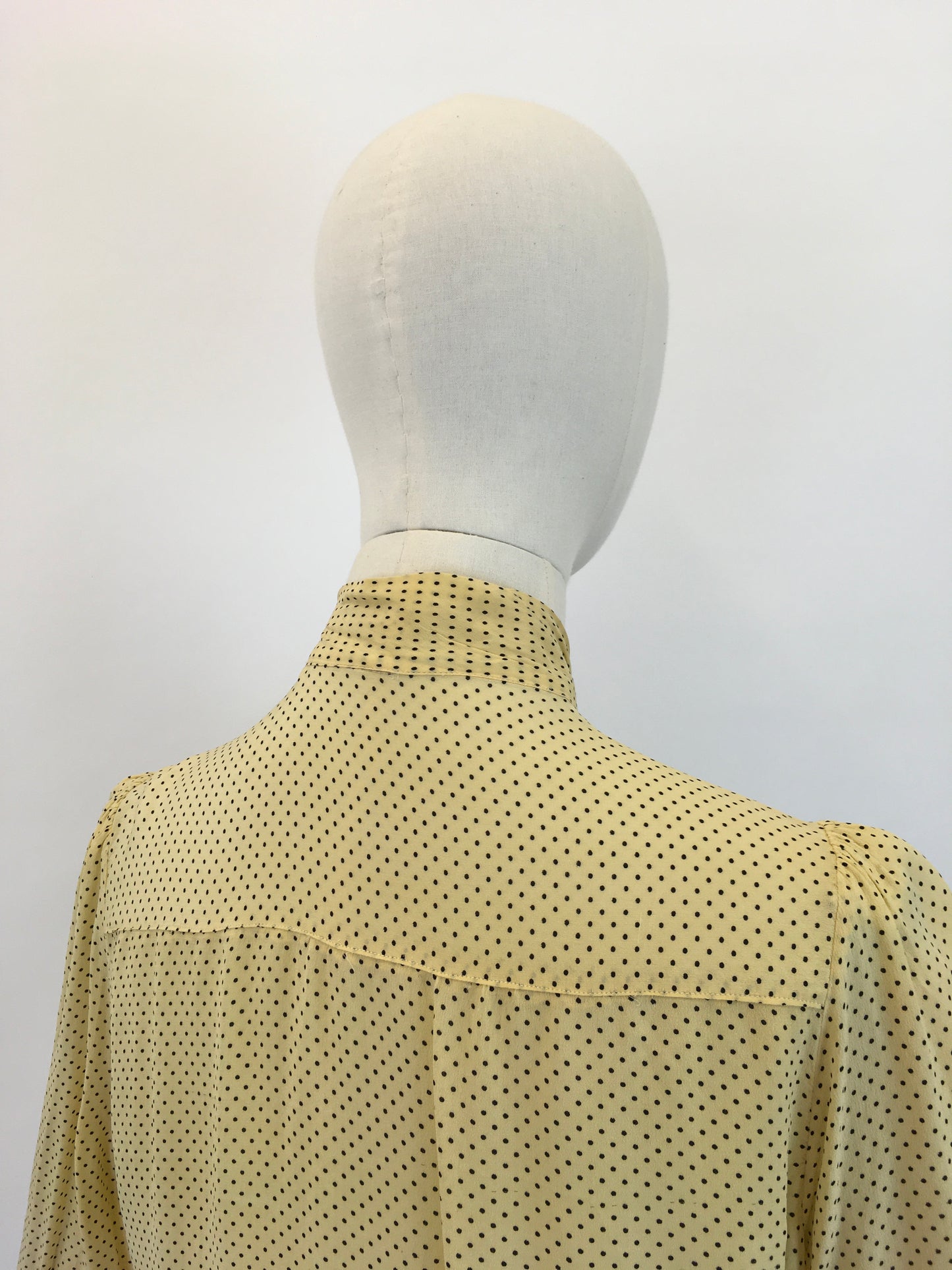 Original 1940's Darling Pussy Bow Blouse - In A Delightful Yellow Polka Dot Crepe