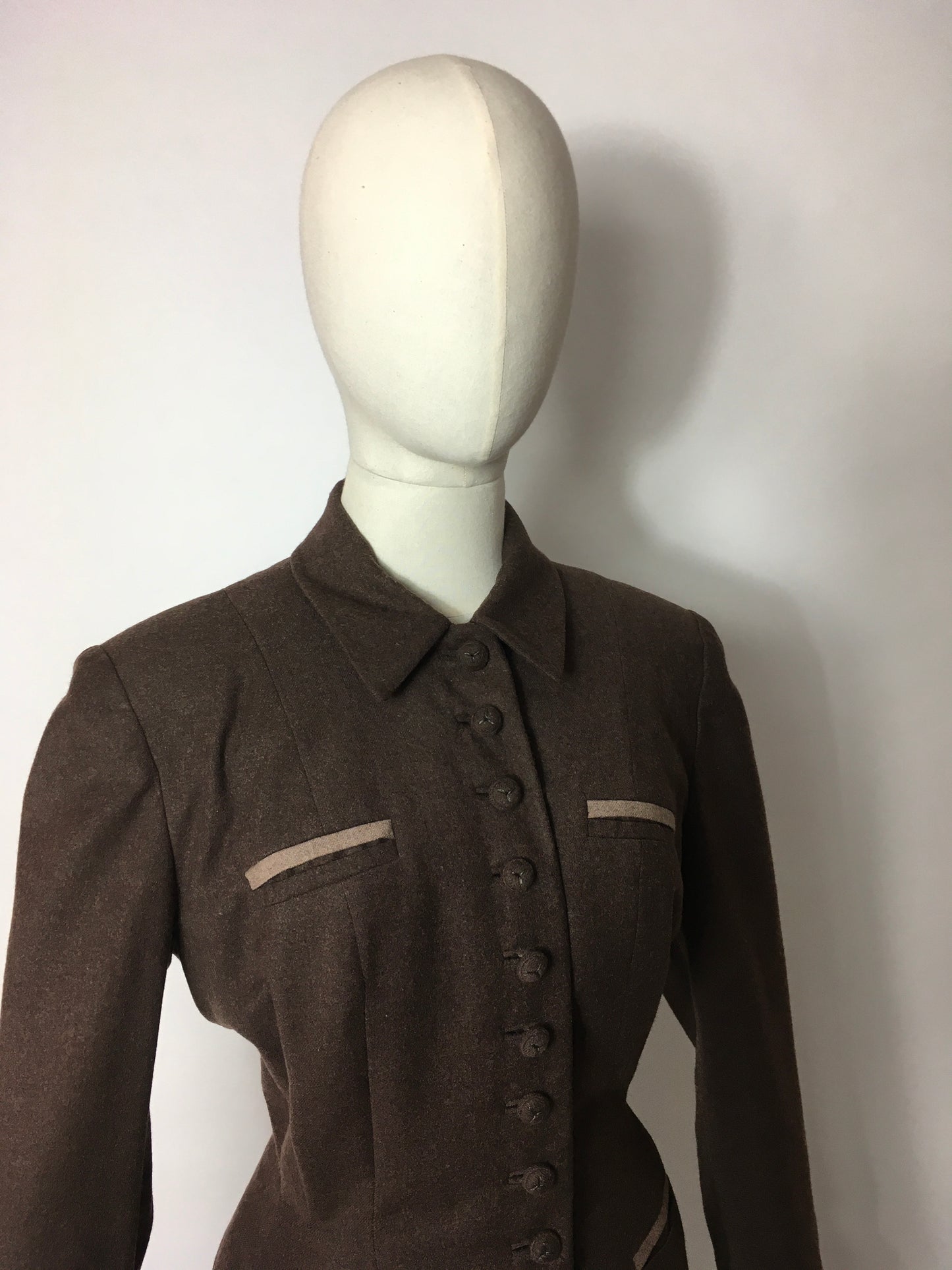 Original 1940’s 2pc Suit in A Lovely Brown Wool, Stunning Detailing and Seamwork